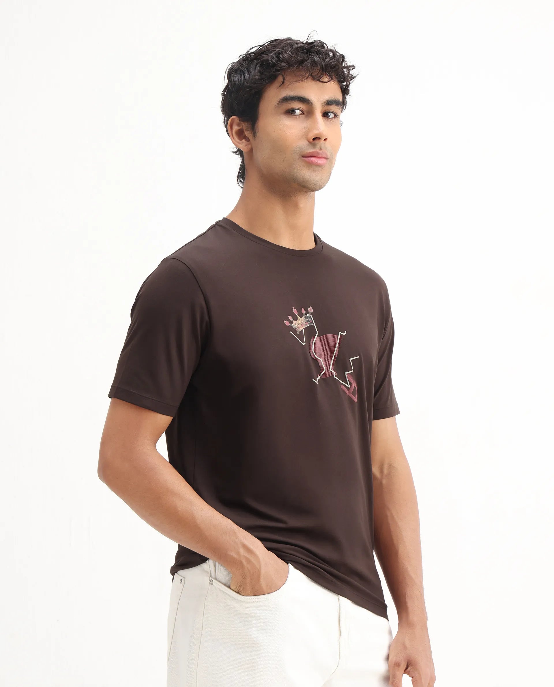 Rare Rabbit Men's Shone Dark Brown Cotton Blend Graphic Print Regular Fit Half Sleeve Crew Neck T-Shirt