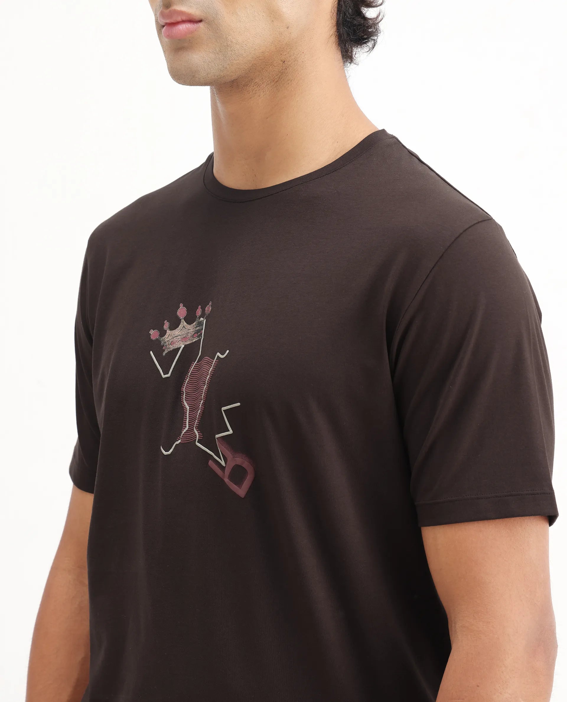 Rare Rabbit Men's Shone Dark Brown Cotton Blend Graphic Print Regular Fit Half Sleeve Crew Neck T-Shirt