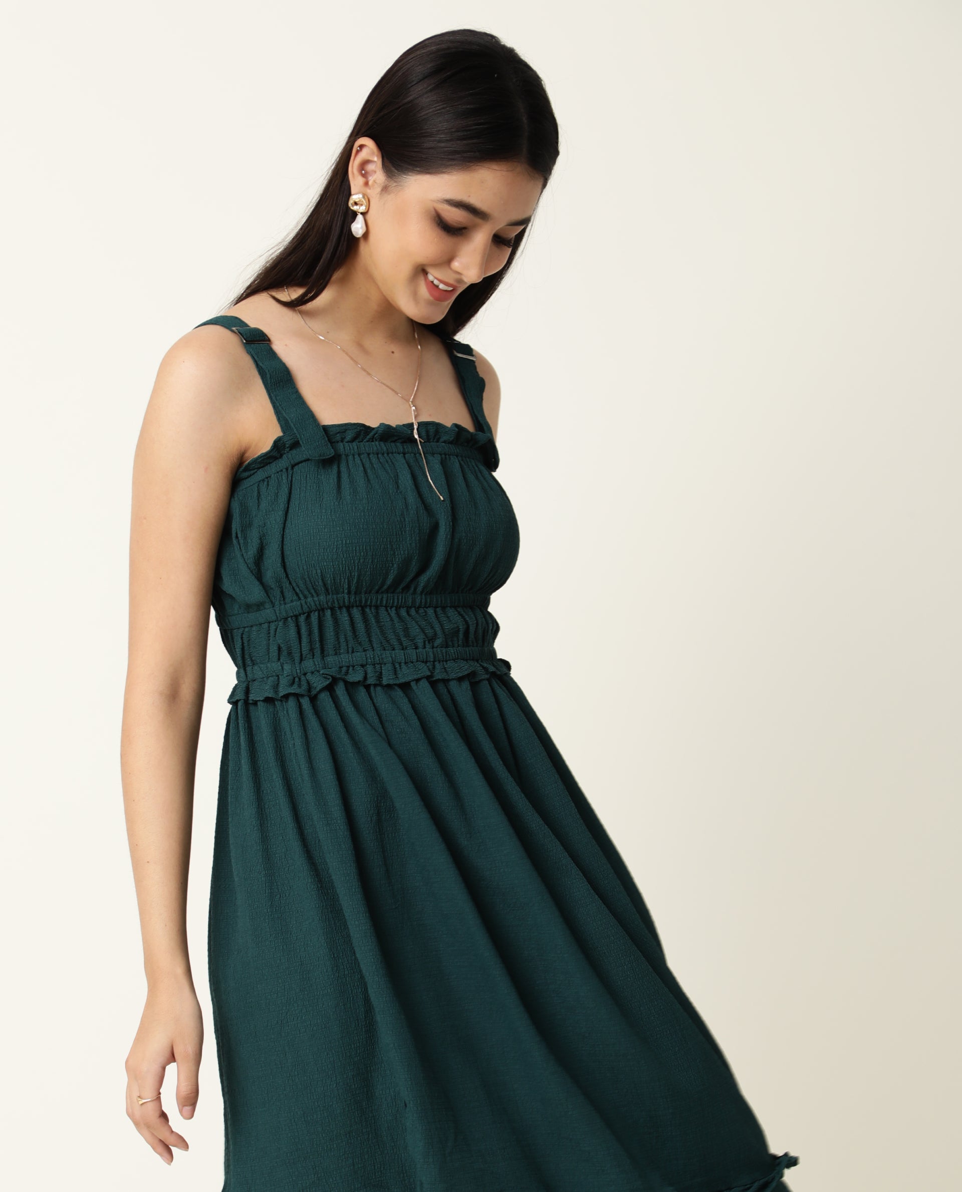 Rareism Women Sickle Green Broad Shoulder Detachable Straps Square Neck Smocking Chest Detail With Ruffled Hem Midi Dress