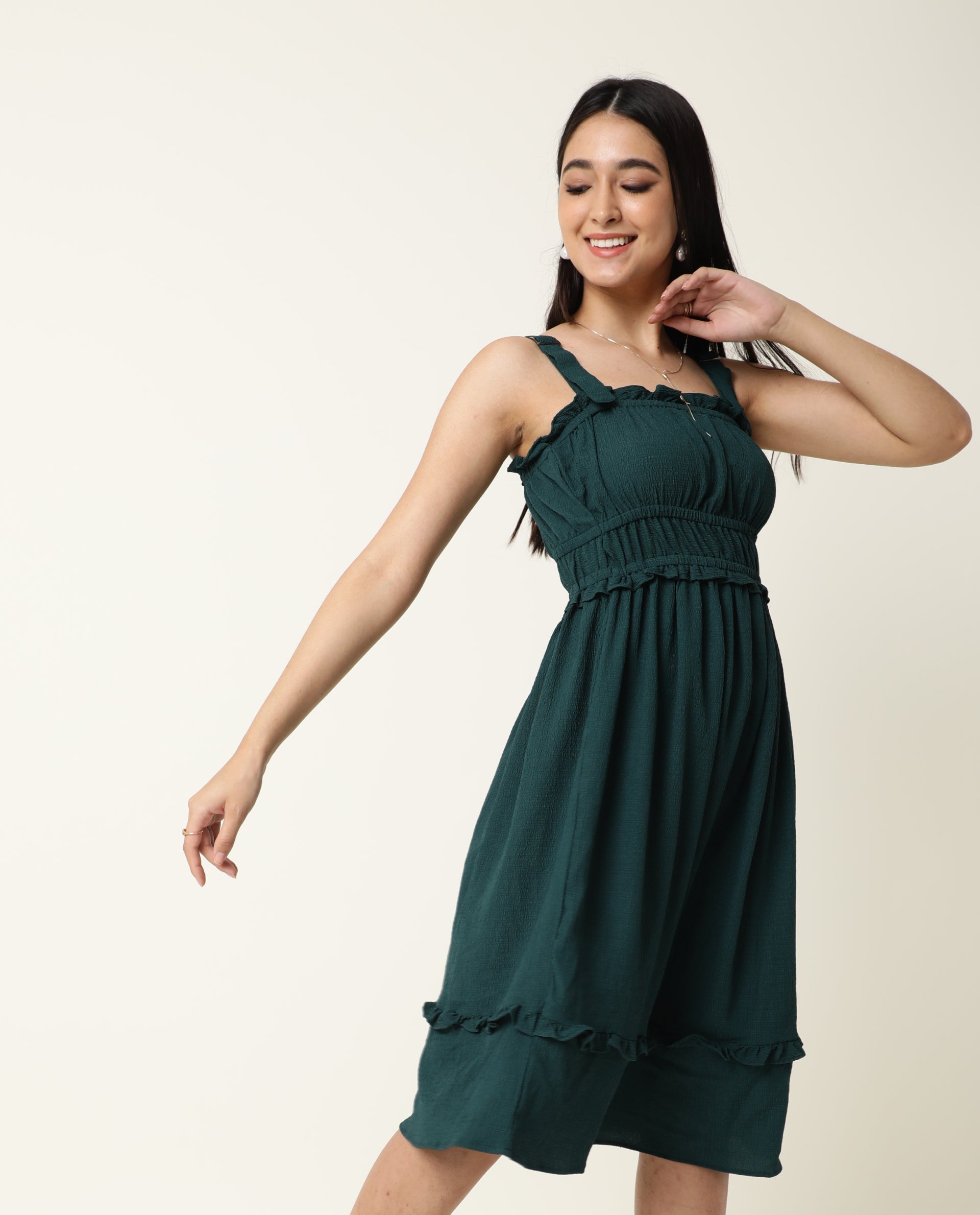 Rareism Women Sickle Green Broad Shoulder Detachable Straps Square Neck Smocking Chest Detail With Ruffled Hem Midi Dress
