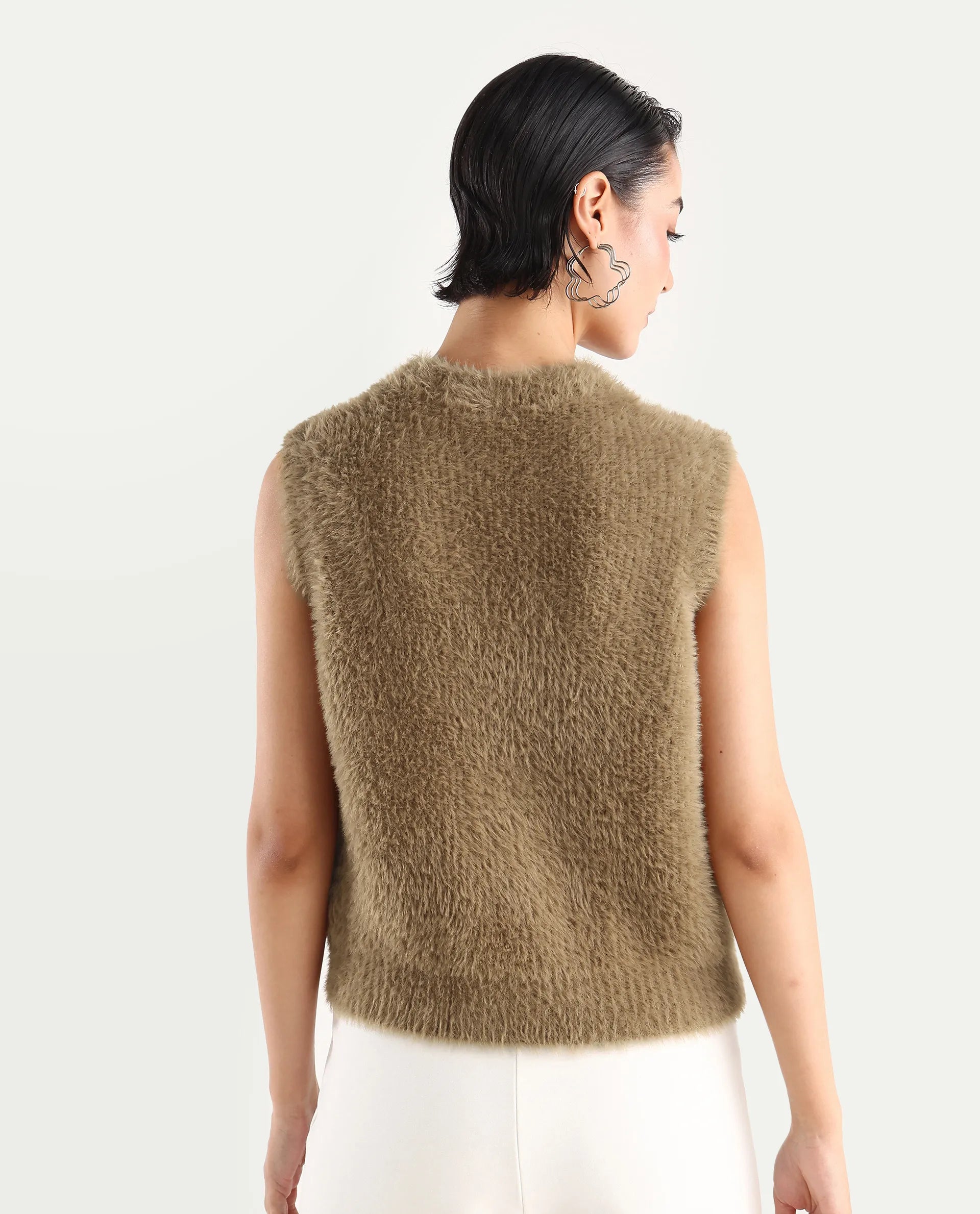 Rareism Women's Sielo Dark Beige Nylon Crew Neck Plain Sleeveless Relaxed Fit Sweater