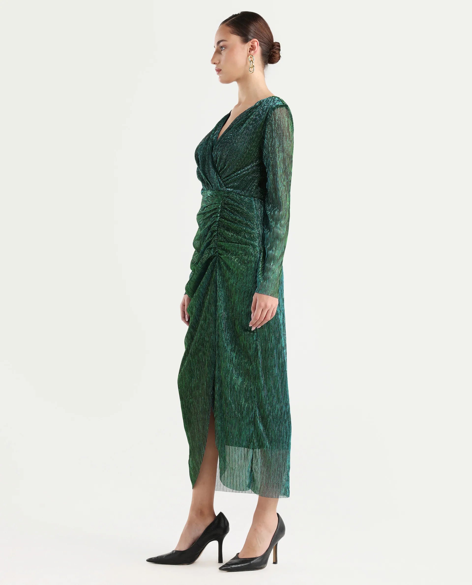 Rareism Women's Siga Metalic Green Polyester Blend V-Neck Shimmer Maxi Dress