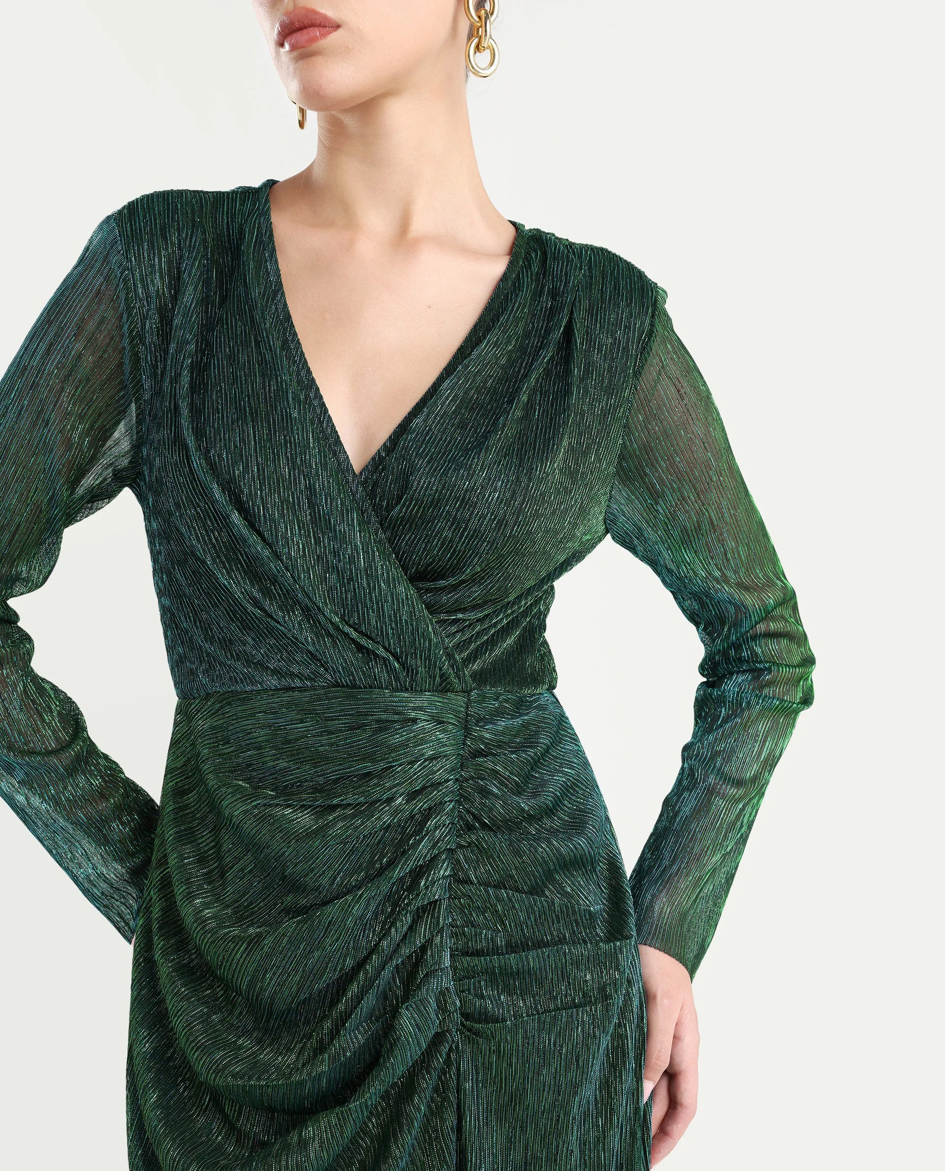 Rareism Women's Siga Metalic Green Polyester Blend V-Neck Shimmer Maxi Dress