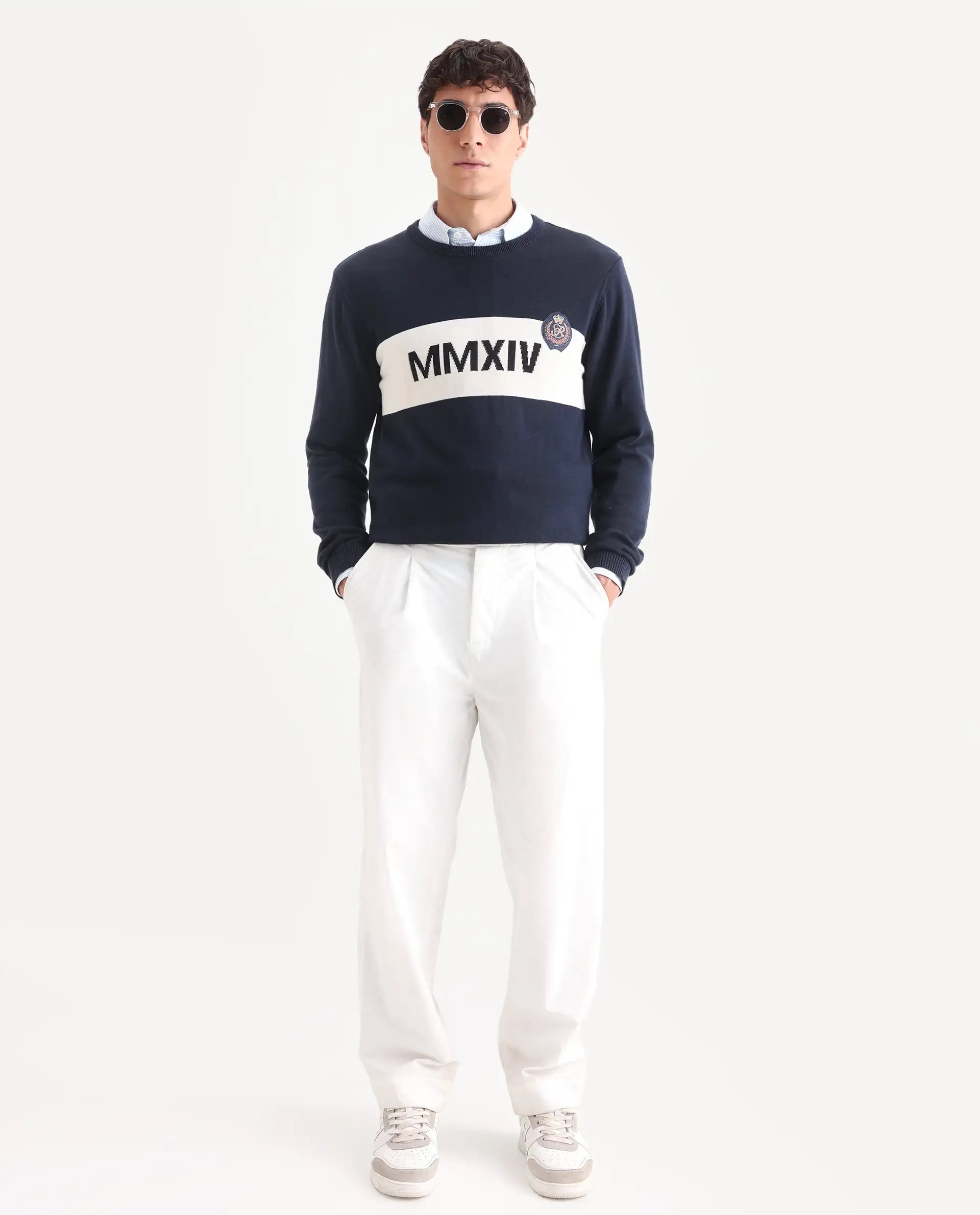 Rare Rabbit Men's Since Navy Cotton Jacquard Relaxed Fit Full Sleeve Crew Neck Sweater