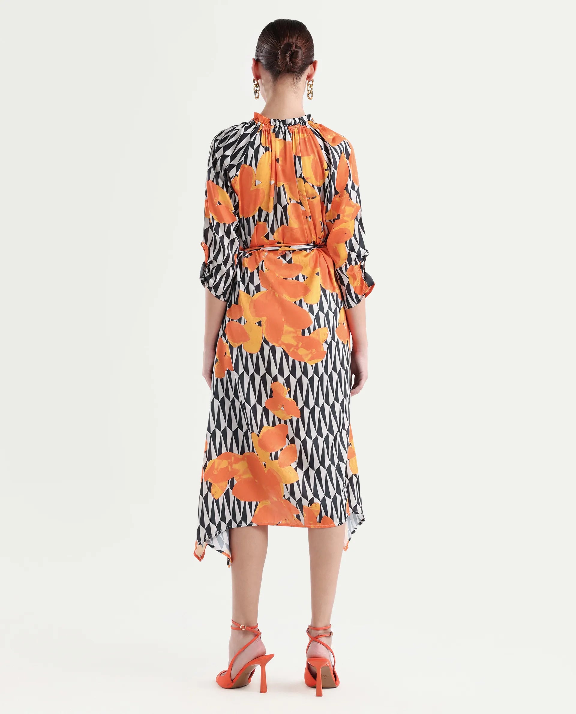 Rareism Women's Sings Black Polyester Tie-Up Neck Abstract Print Raglan Sleeve Knee Length Relaxed Fit Dress