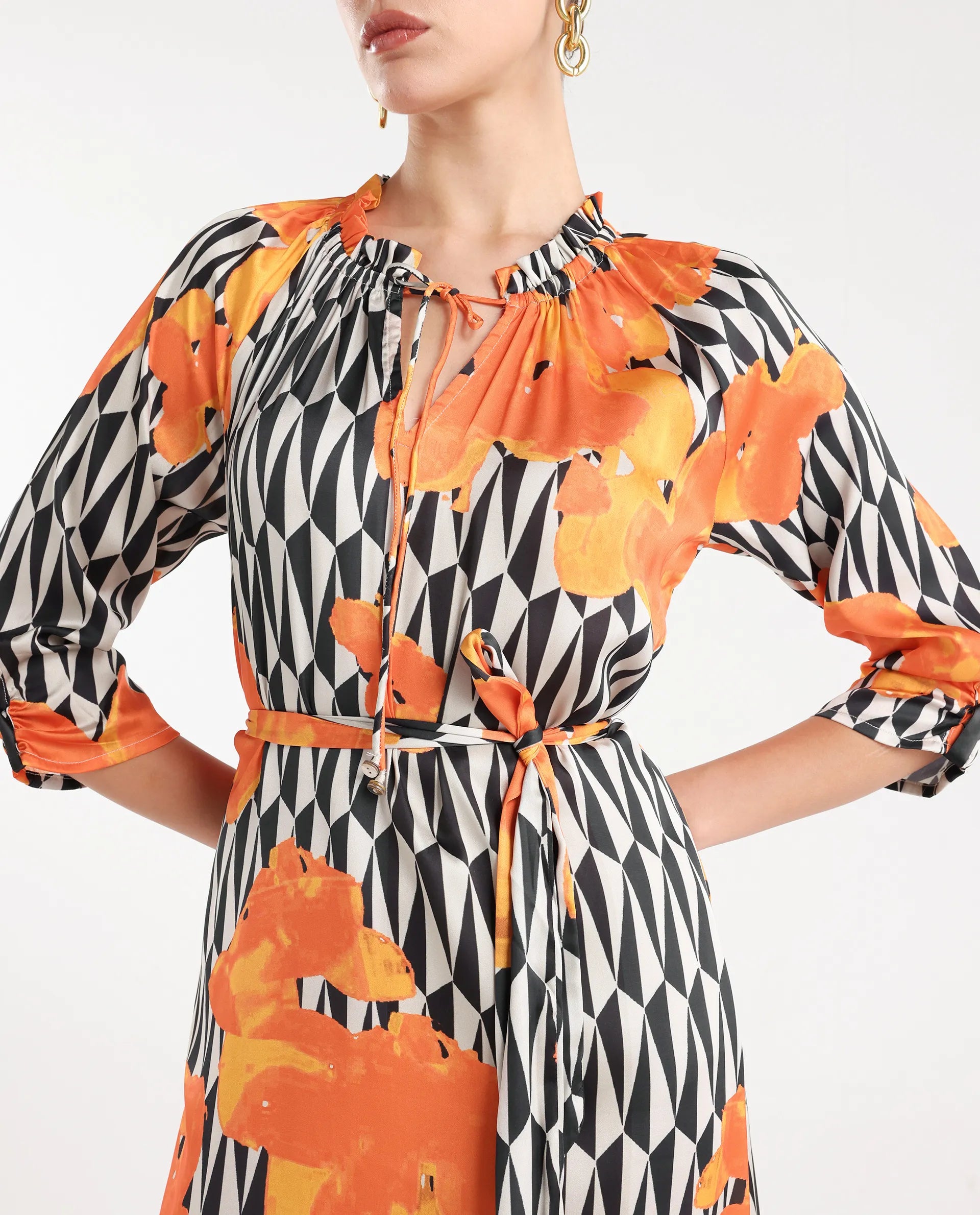 Rareism Women's Sings Black Polyester Tie-Up Neck Abstract Print Raglan Sleeve Knee Length Relaxed Fit Dress