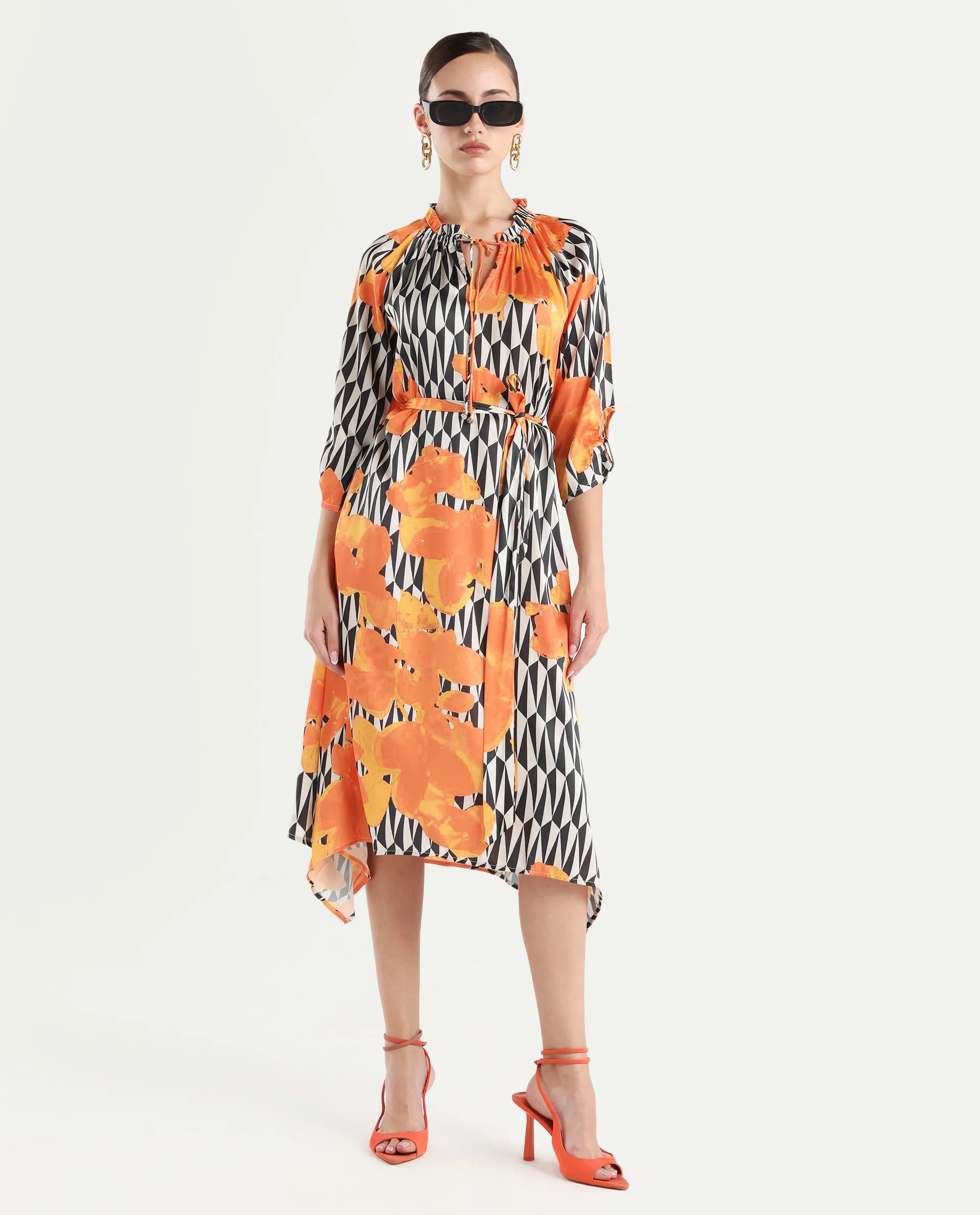 Rareism Women's Sings Black Polyester Tie-Up Neck Abstract Print Raglan Sleeve Knee Length Relaxed Fit Dress