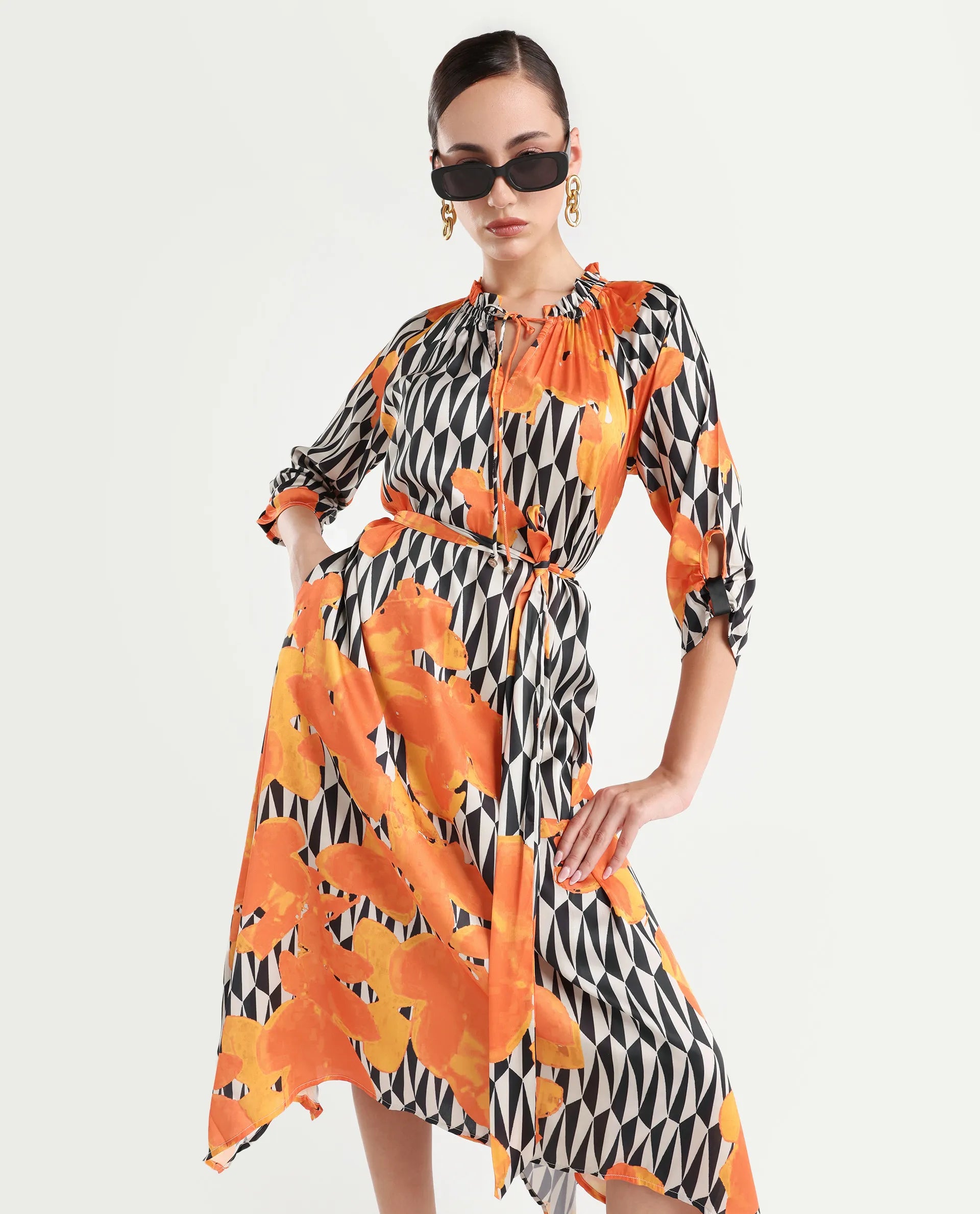 Rareism Women's Sings Black Polyester Tie-Up Neck Abstract Print Raglan Sleeve Knee Length Relaxed Fit Dress