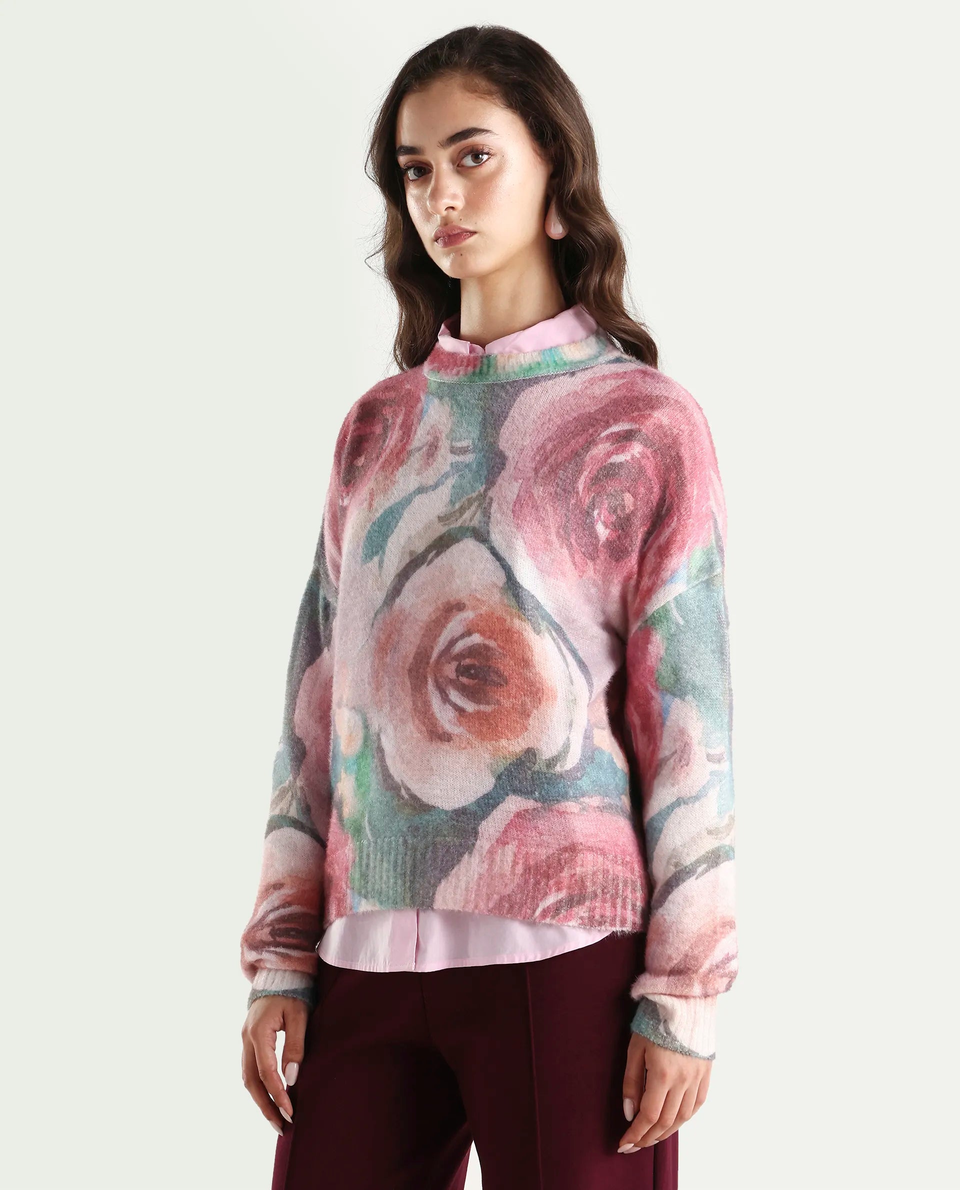 Rareism Women's Siri Dusky Multi Acrylic Blend High Neck Relaxed Fit Sweater