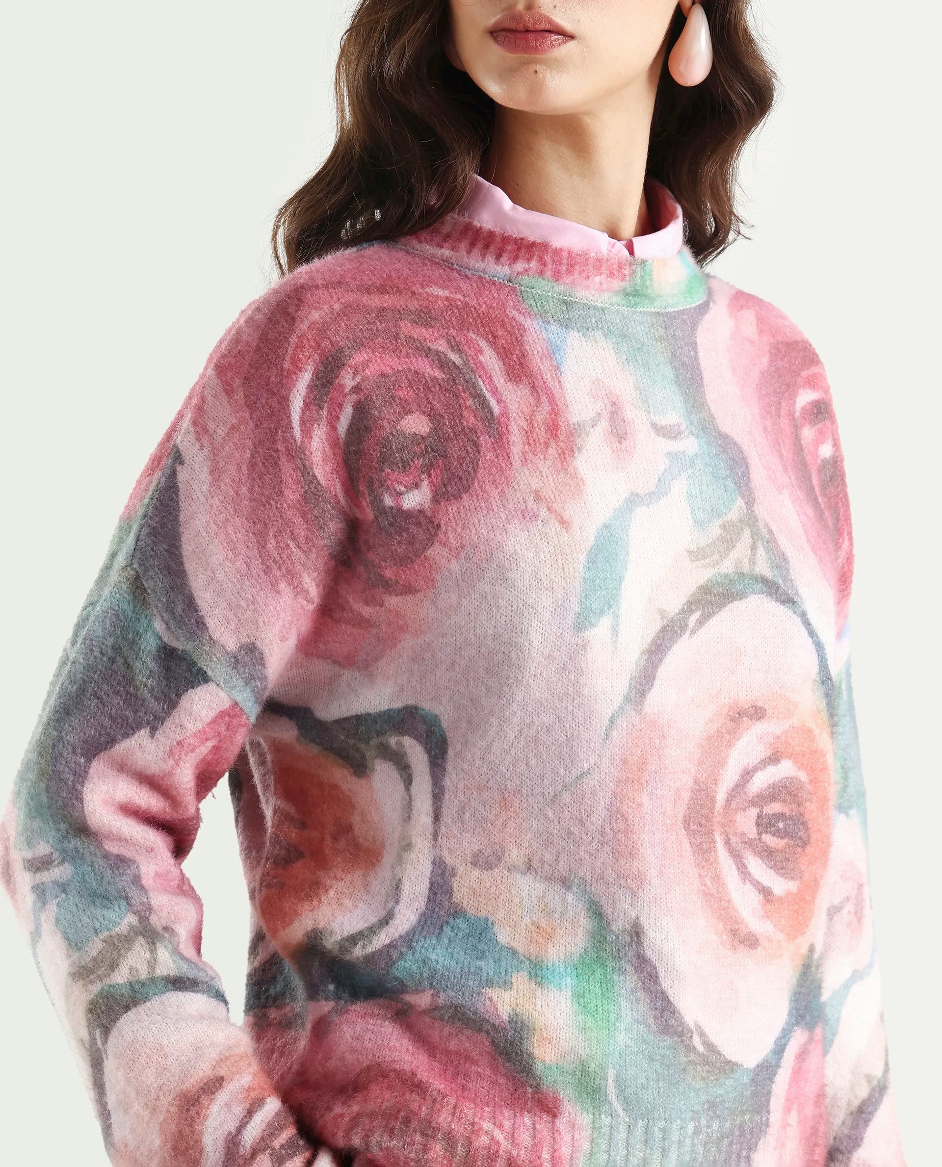 Rareism Women's Siri Dusky Multi Acrylic Blend High Neck Relaxed Fit Sweater