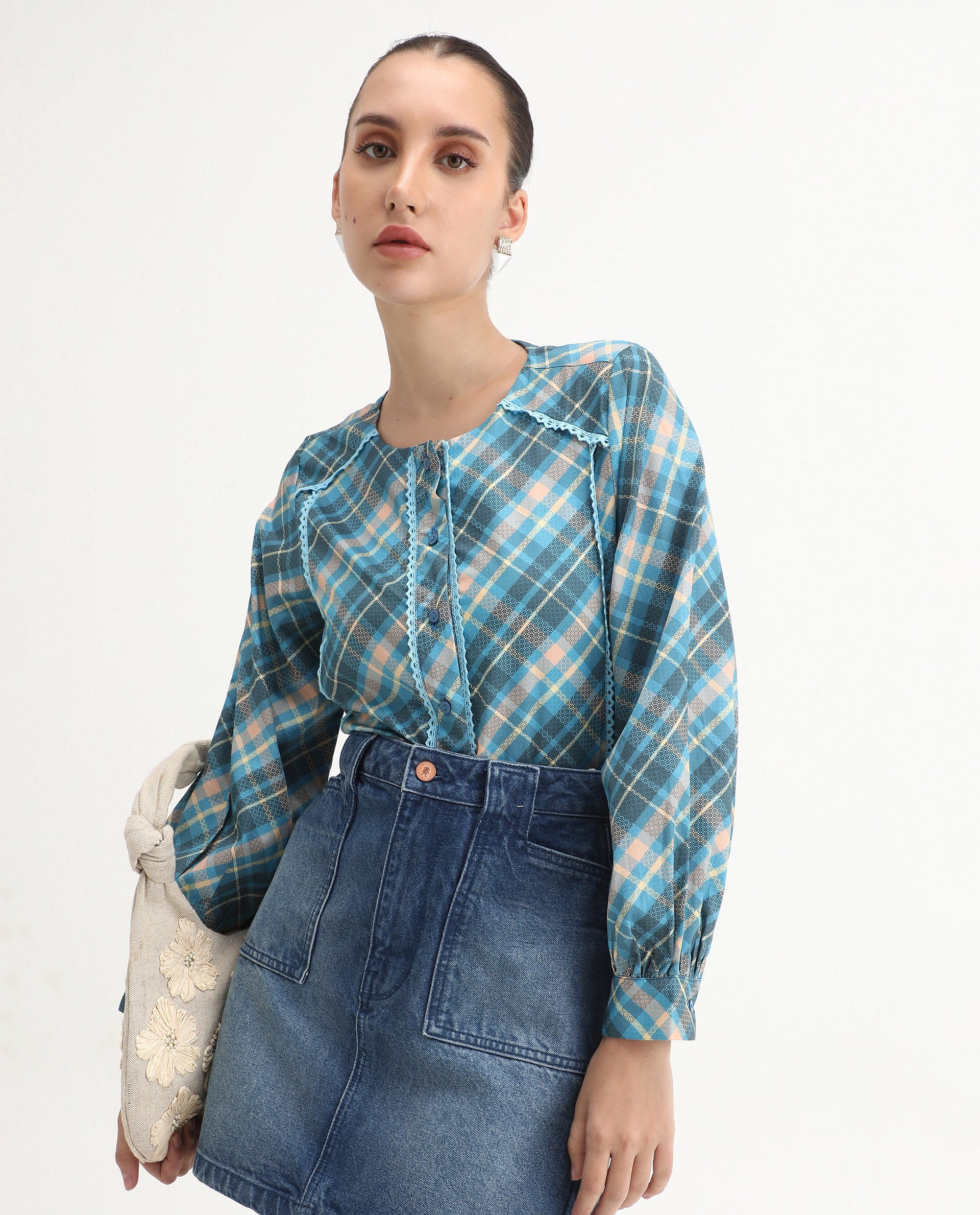 Rareism Women's Sirkolo Blue Cotton Blend Mandarin Collar Flannel Print Bishop Sleeve Regular Fit Shirt