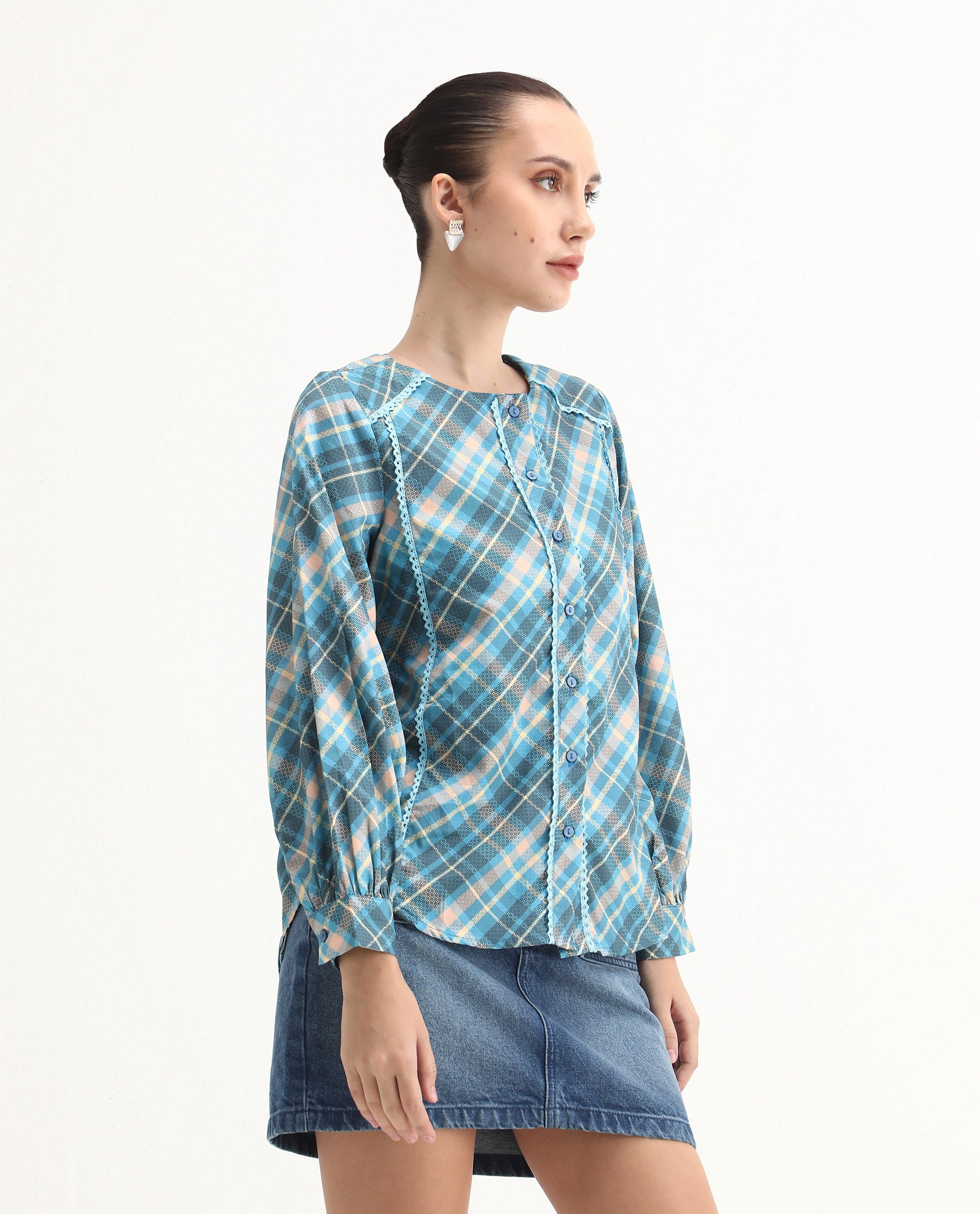 Rareism Women's Sirkolo Blue Cotton Blend Mandarin Collar Flannel Print Bishop Sleeve Regular Fit Shirt