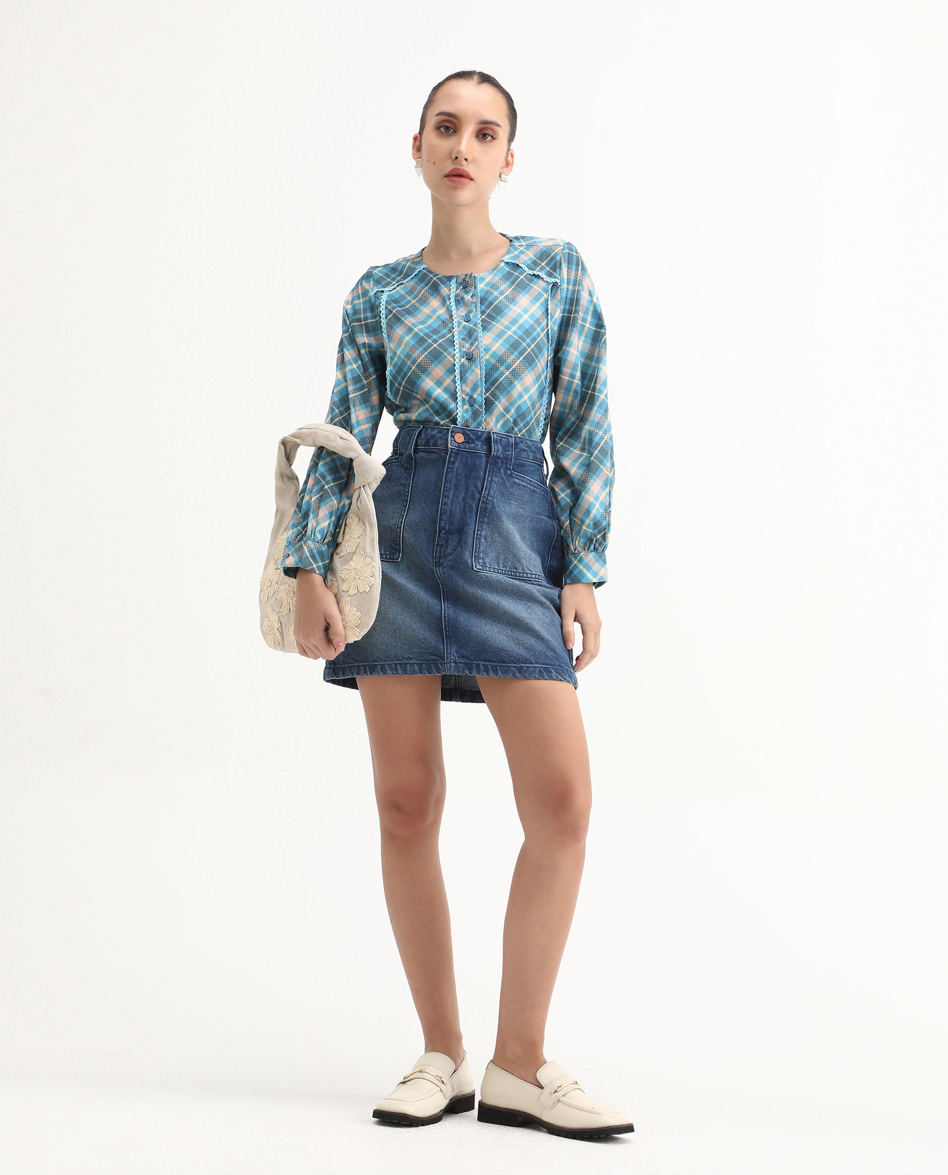 Rareism Women's Sirkolo Blue Cotton Blend Mandarin Collar Flannel Print Bishop Sleeve Regular Fit Shirt