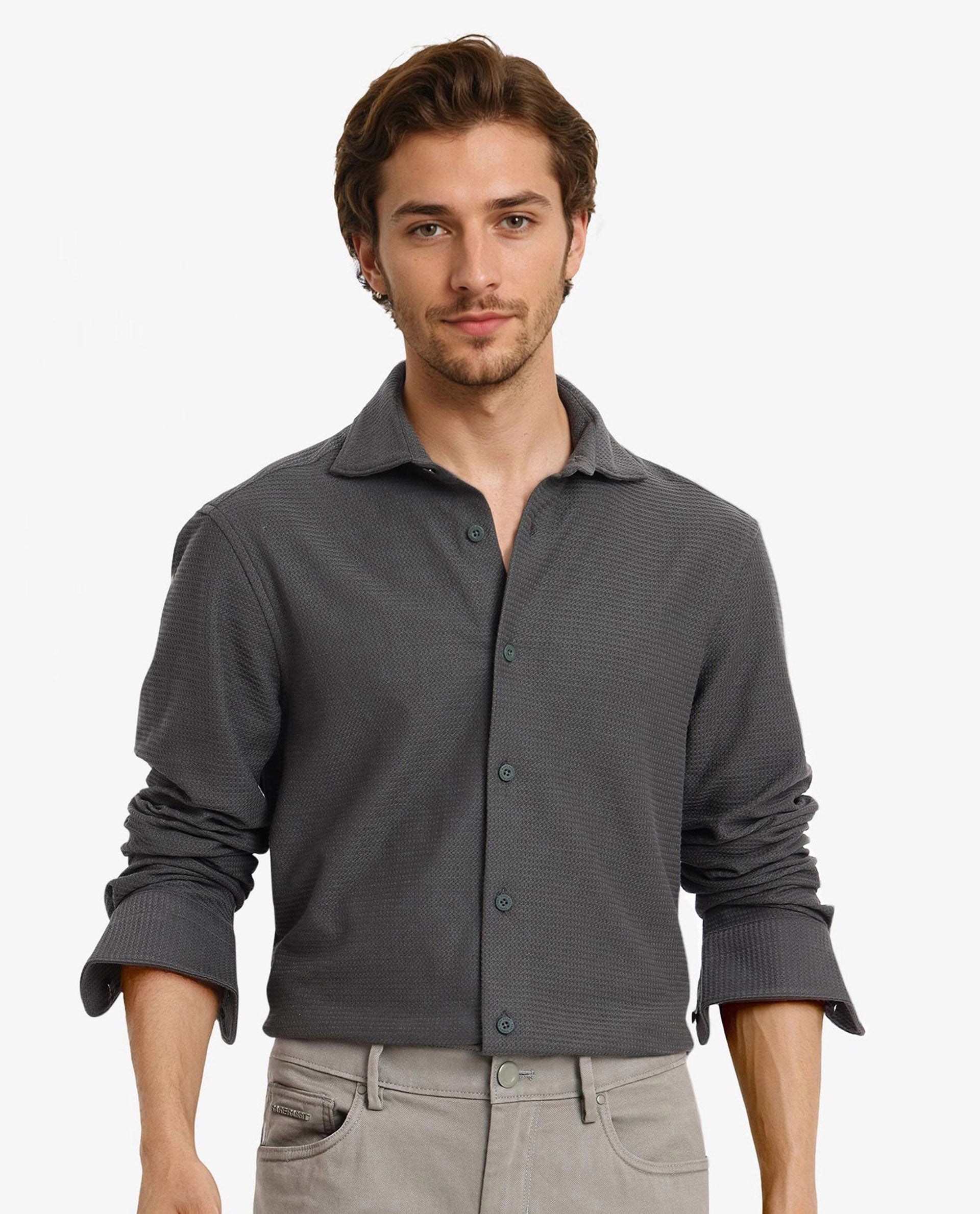 Rare Rabbit Men Site Ls Dark Green Full Sleeve Regular Collar Button Closure Regular Fit Textured Knit Solid Shirt