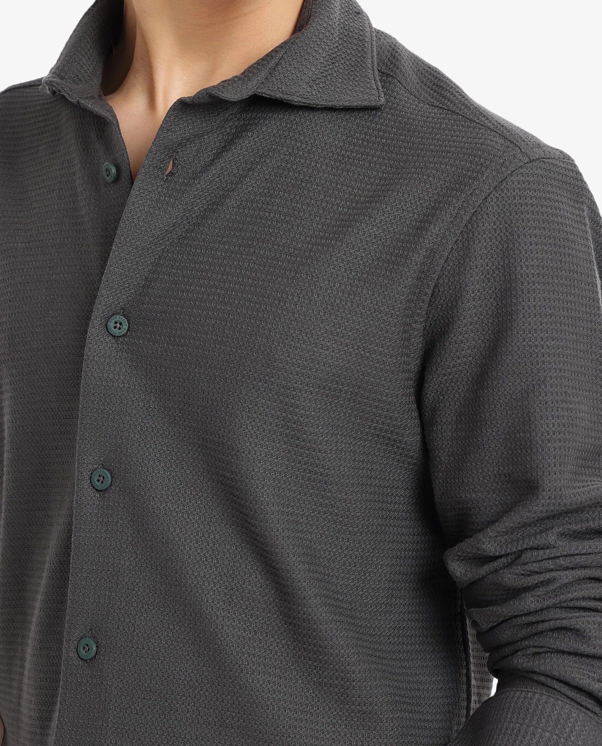 Rare Rabbit Men Site Ls Dark Green Full Sleeve Regular Collar Button Closure Regular Fit Textured Knit Solid Shirt
