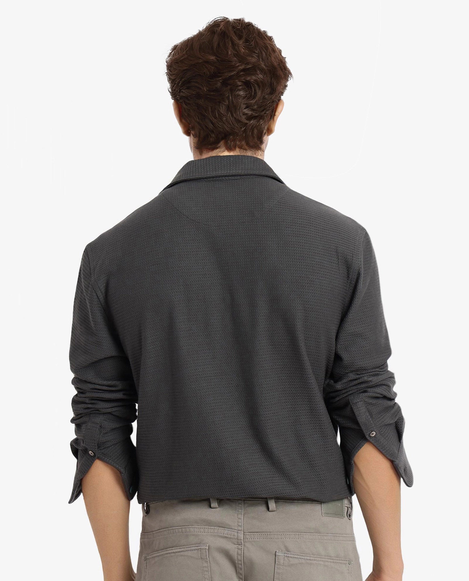 Rare Rabbit Men Site Ls Dark Green Full Sleeve Regular Collar Button Closure Regular Fit Textured Knit Solid Shirt