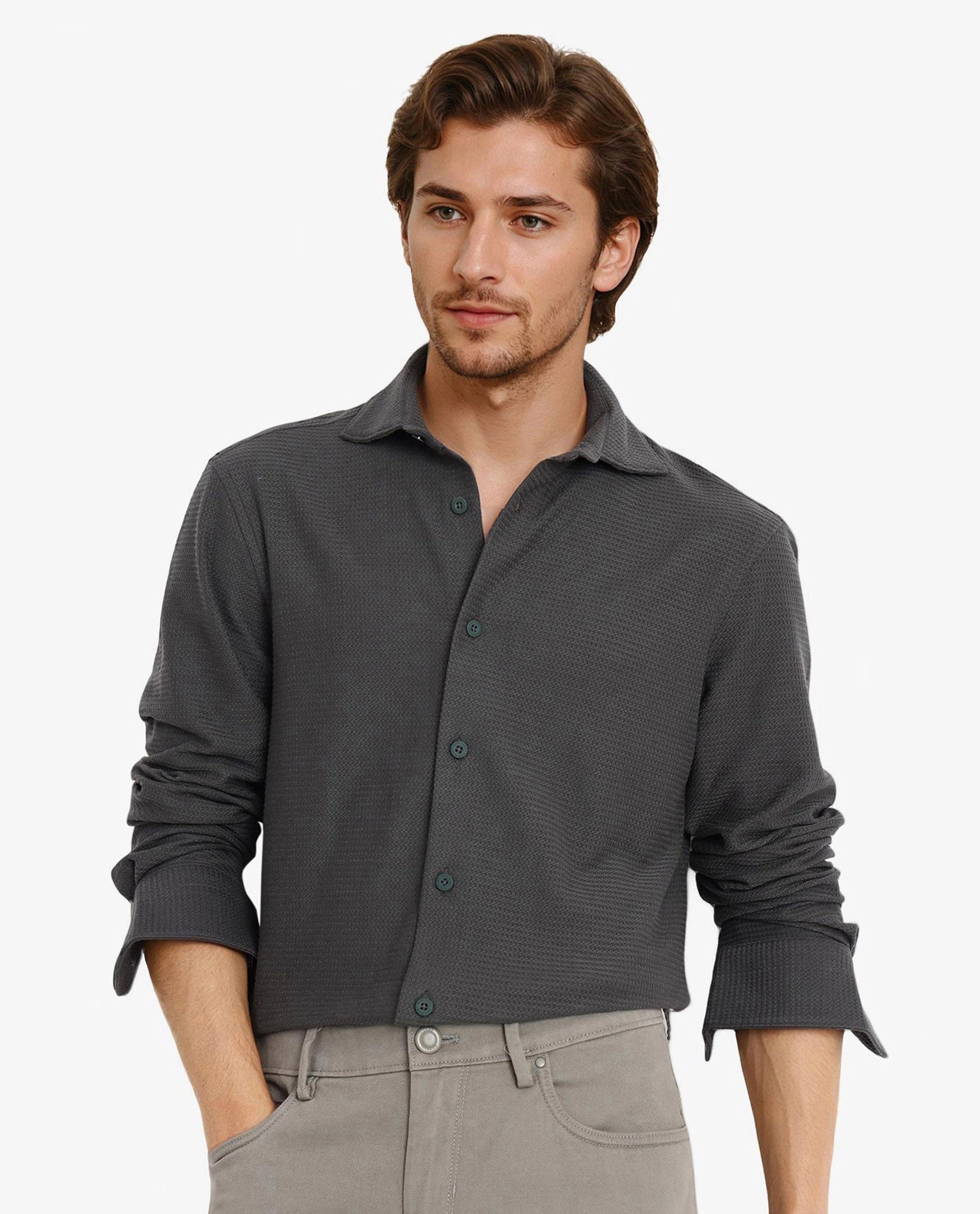 Rare Rabbit Men Site Ls Dark Green Full Sleeve Regular Collar Button Closure Regular Fit Textured Knit Solid Shirt