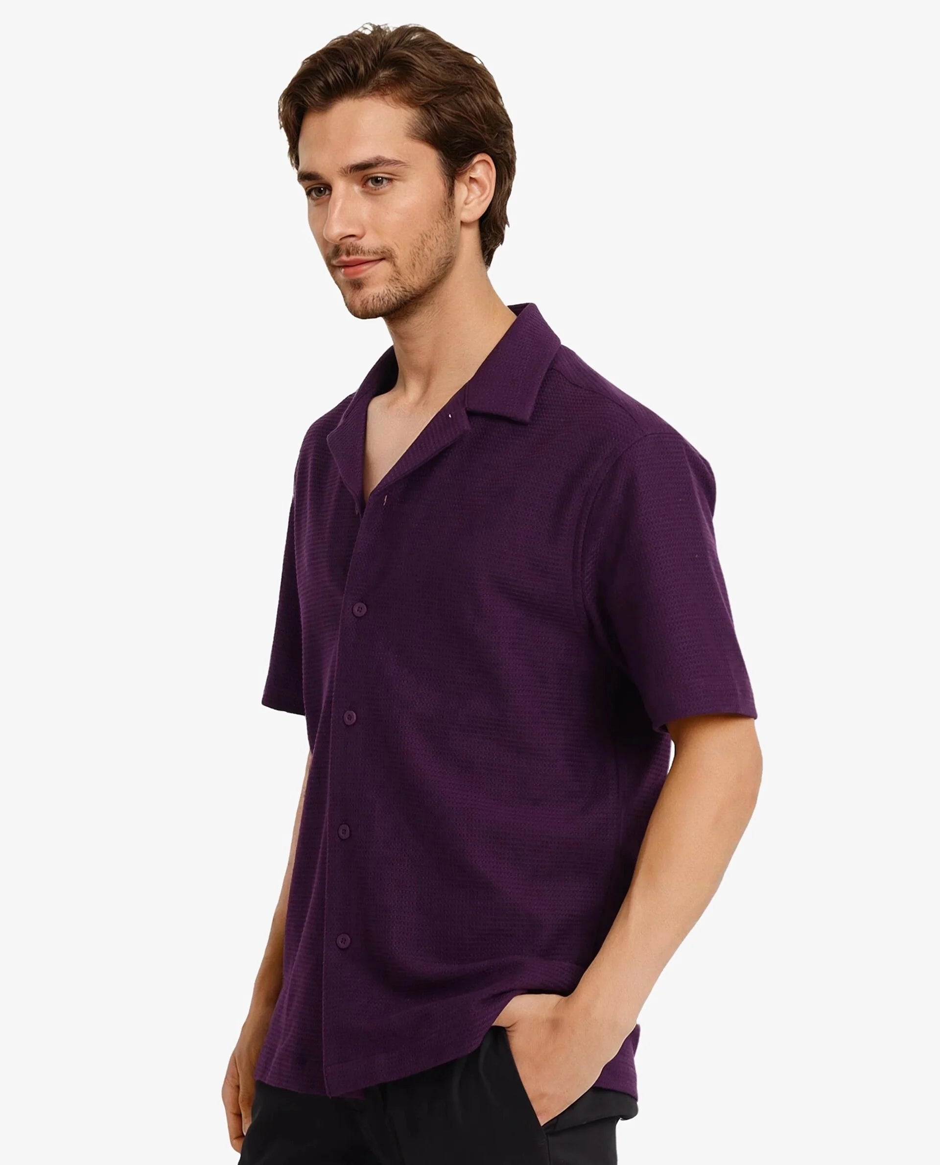 Rare Rabbit Men Site Ss Dark Purple Short Sleeve Collared Neck Button Closure Regular Fit Plain Shirt