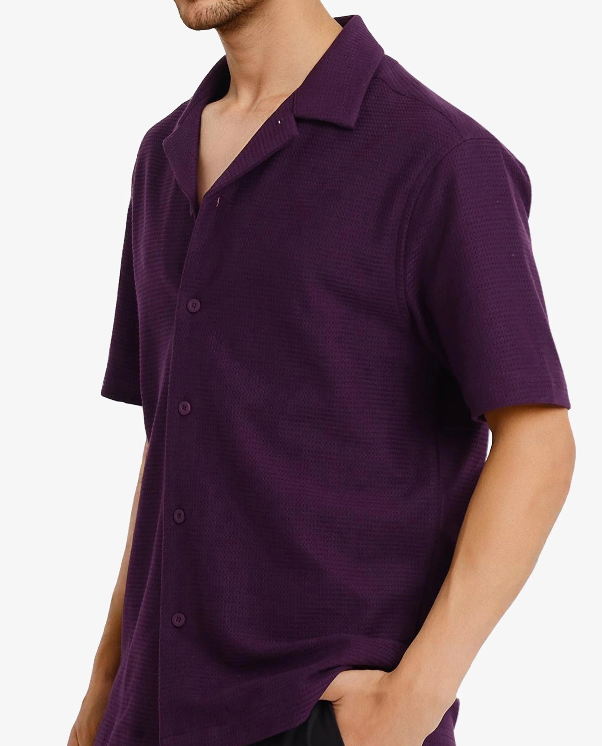 Rare Rabbit Men Site Ss Dark Purple Short Sleeve Collared Neck Button Closure Regular Fit Plain Shirt
