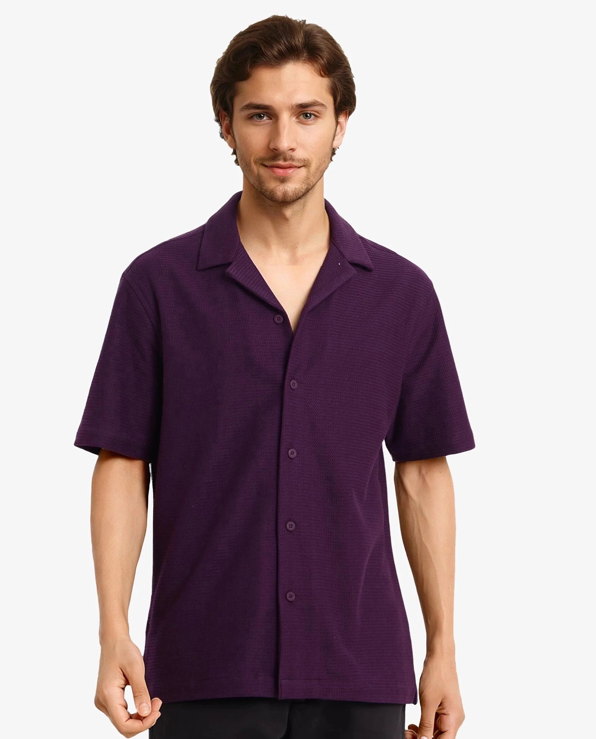 Rare Rabbit Men Site Ss Dark Purple Short Sleeve Collared Neck Button Closure Regular Fit Plain Shirt