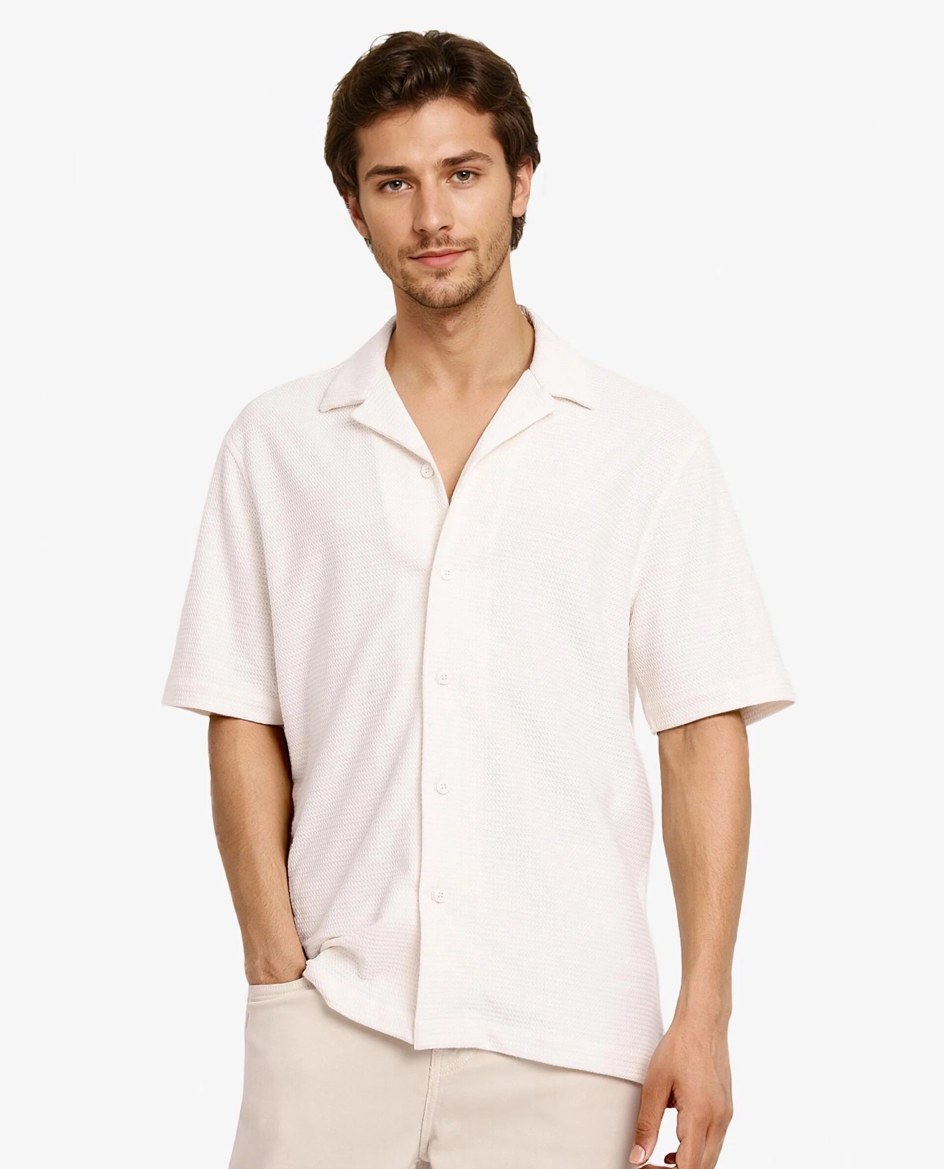 Rare Rabbit Men Site Ss Off White Short Sleeve Collared Neck Button Closure Regular Fit Plain Shirt