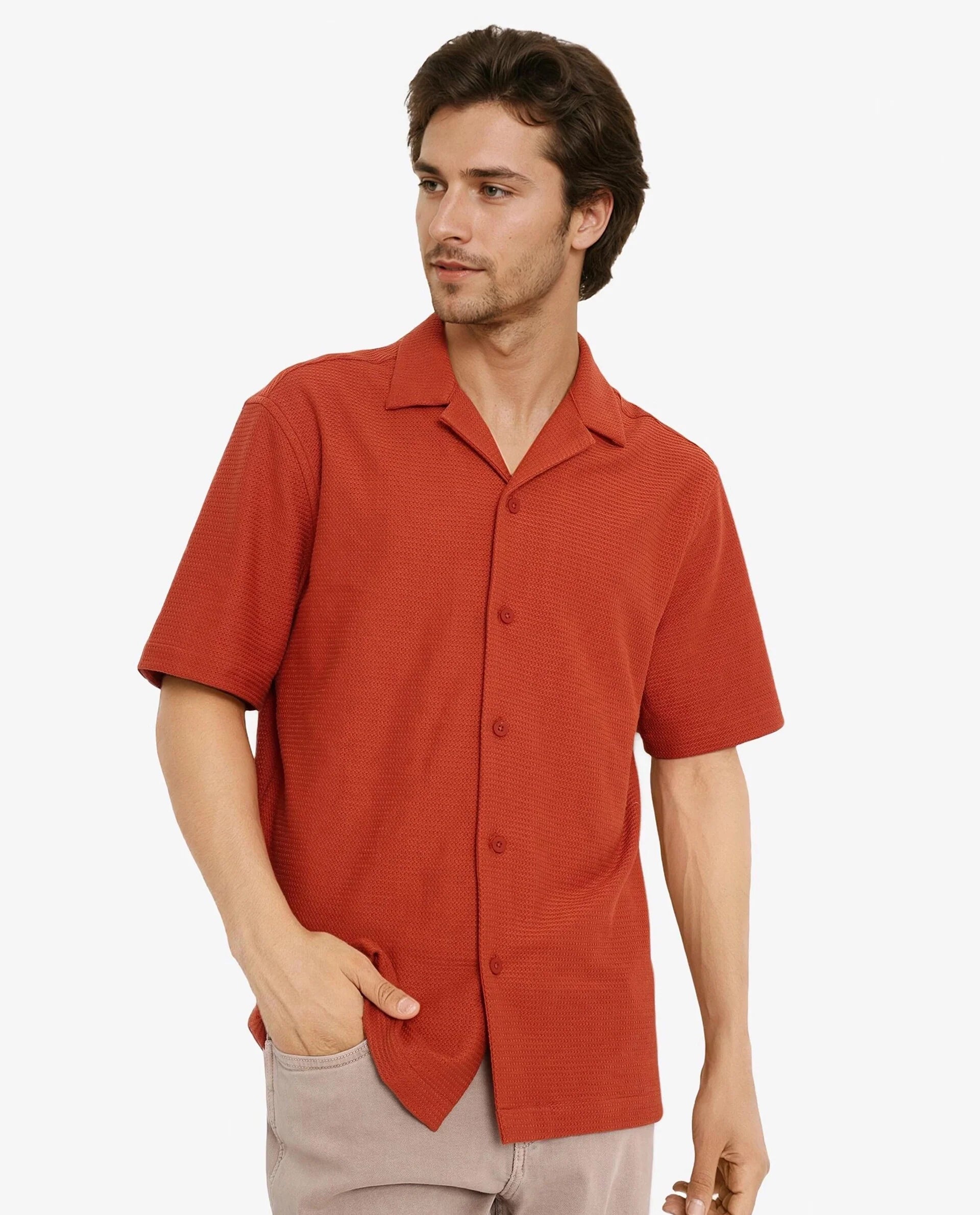 Rare Rabbit Men Site Ss Rust Short Sleeve Cuban Collar Button Closure Boxy Fit Plain Shirt