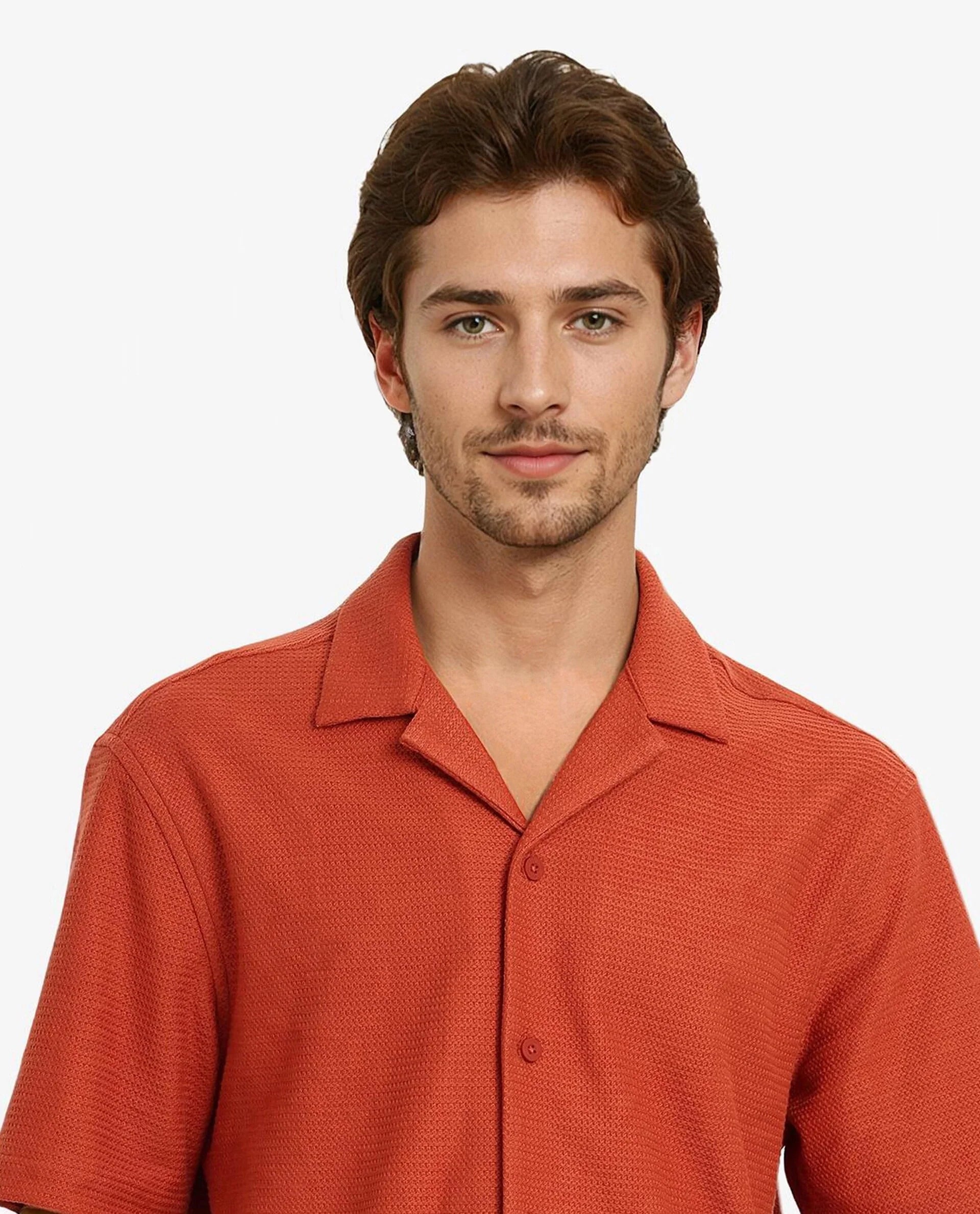 Rare Rabbit Men Site Ss Rust Short Sleeve Cuban Collar Button Closure Boxy Fit Plain Shirt