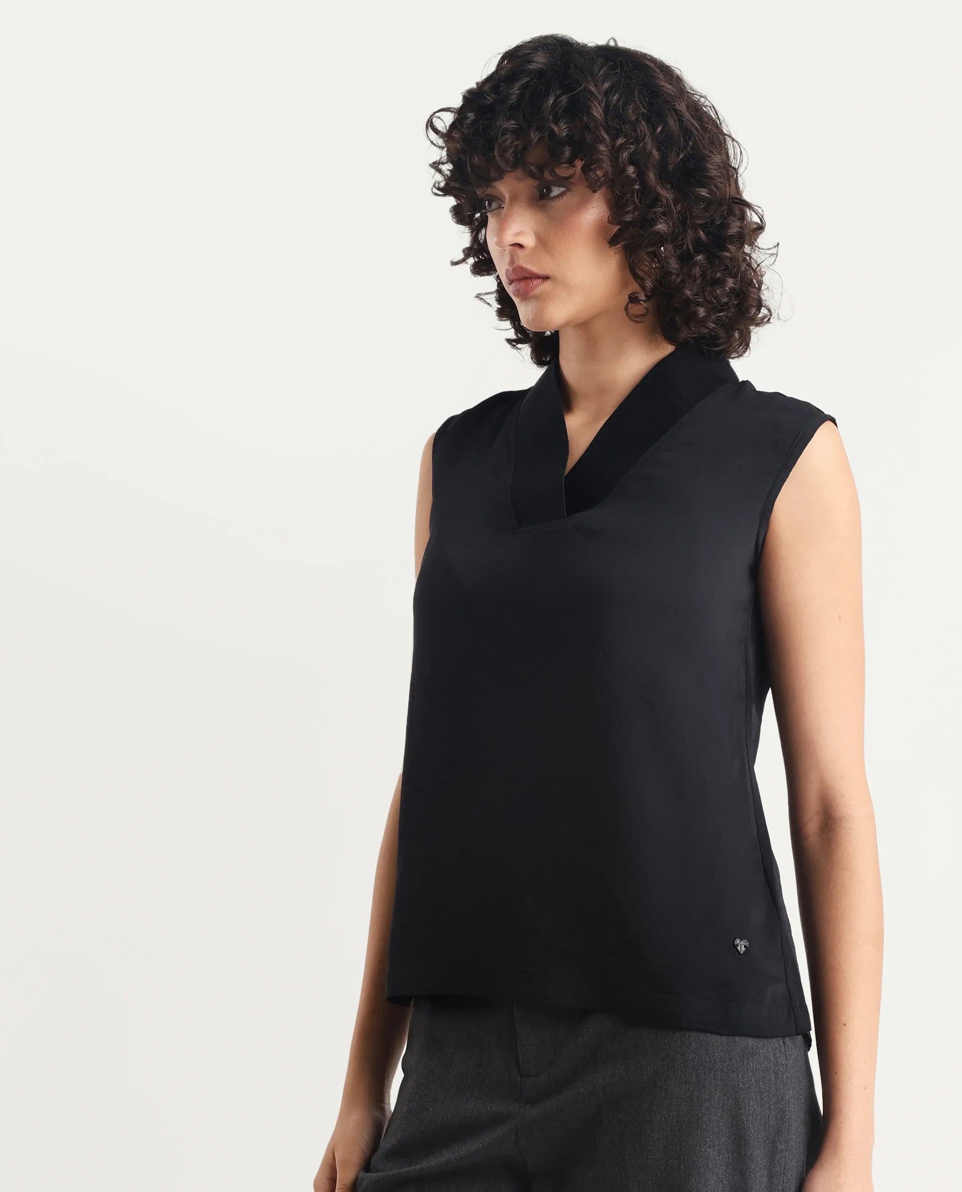 Rareism Women's Siyar Black Satin V-Neck Plain Sleeveless Regular Fit Top