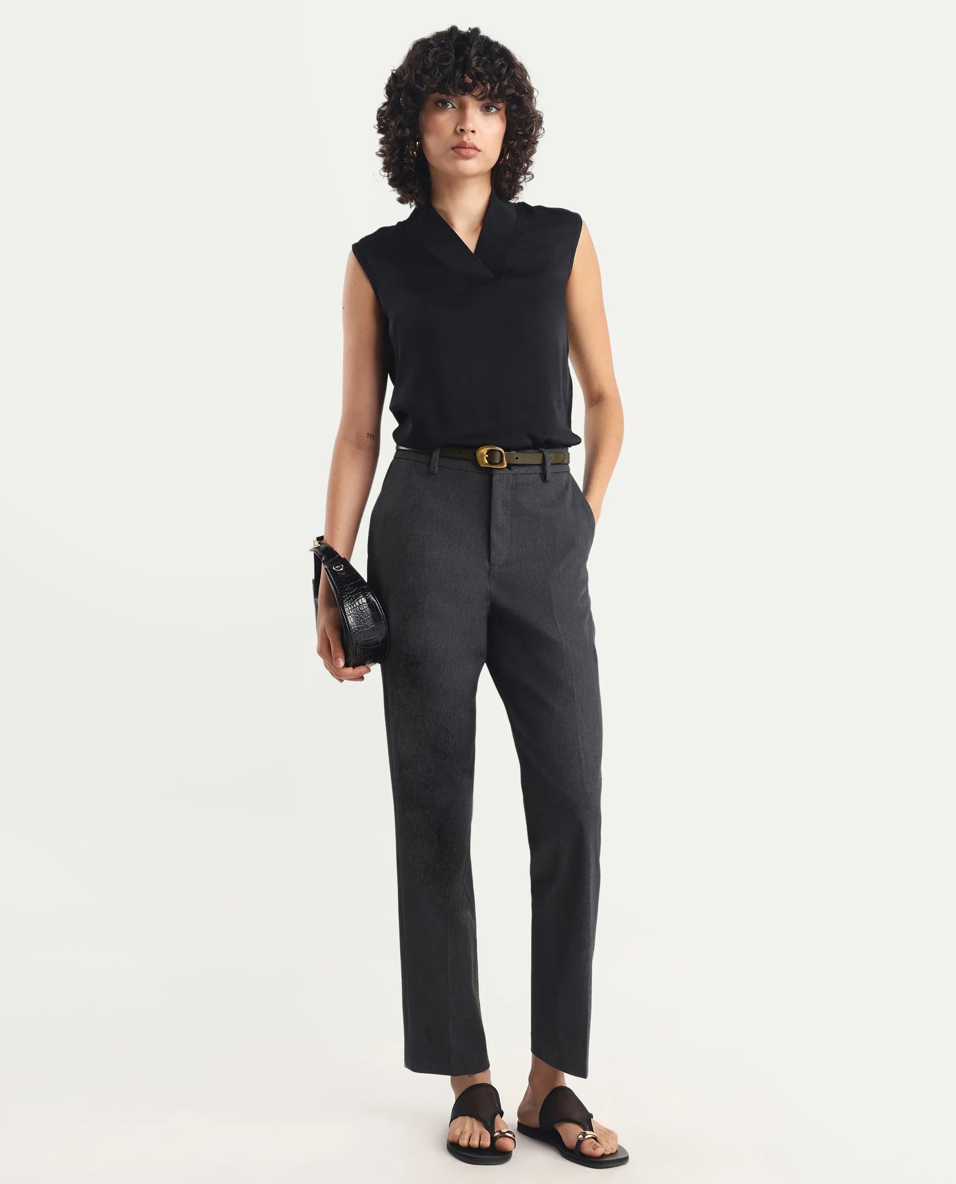 Rareism Women's Siyar Black Satin V-Neck Plain Sleeveless Regular Fit Top