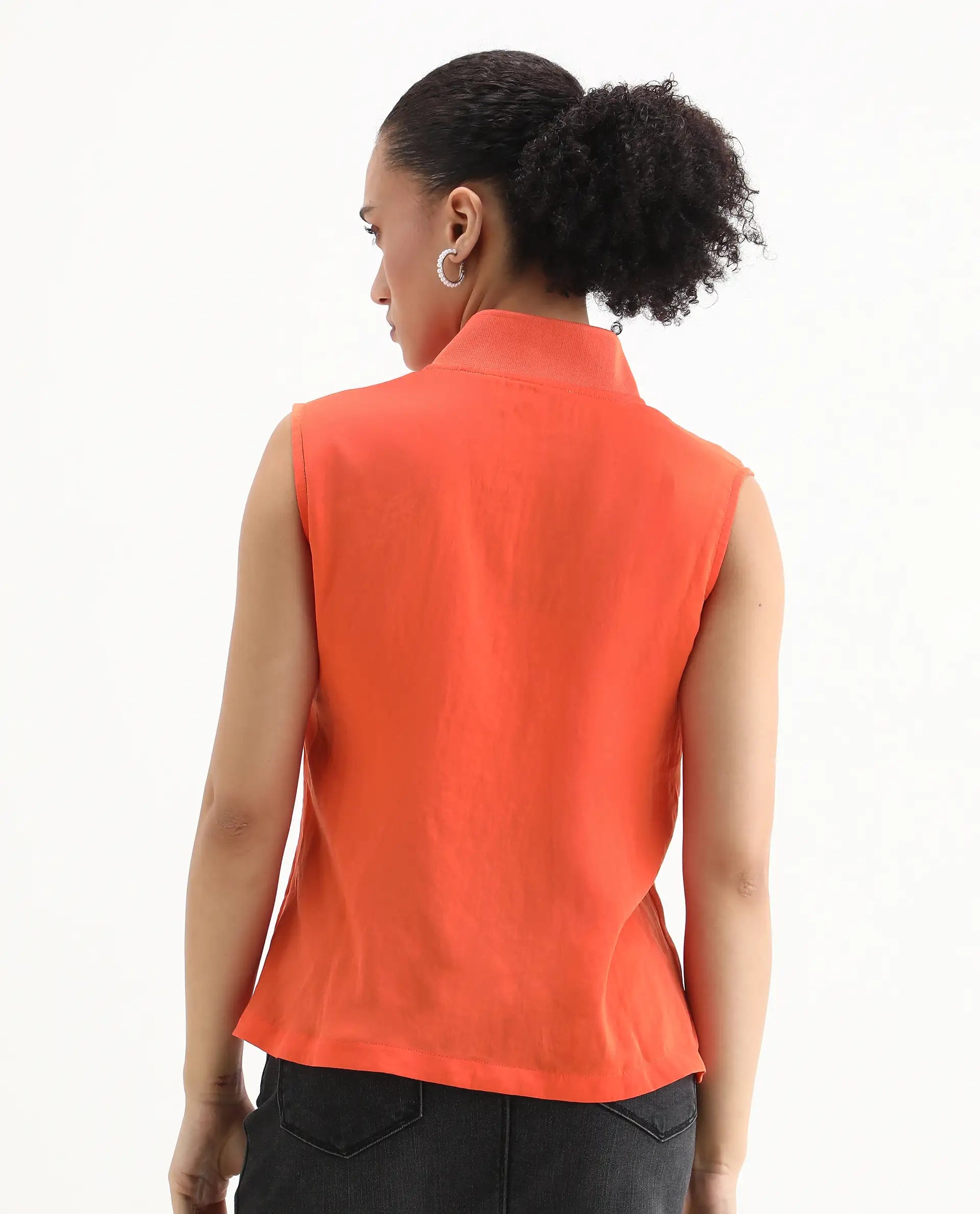 Rareism Women's Siyar Orange Satin V-Neck Plain Sleeveless Regular Fit Top