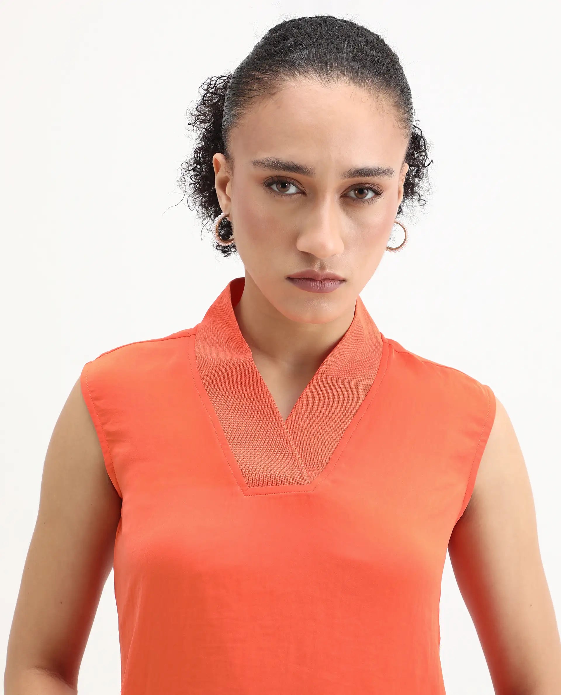 Rareism Women's Siyar Orange Satin V-Neck Plain Sleeveless Regular Fit Top