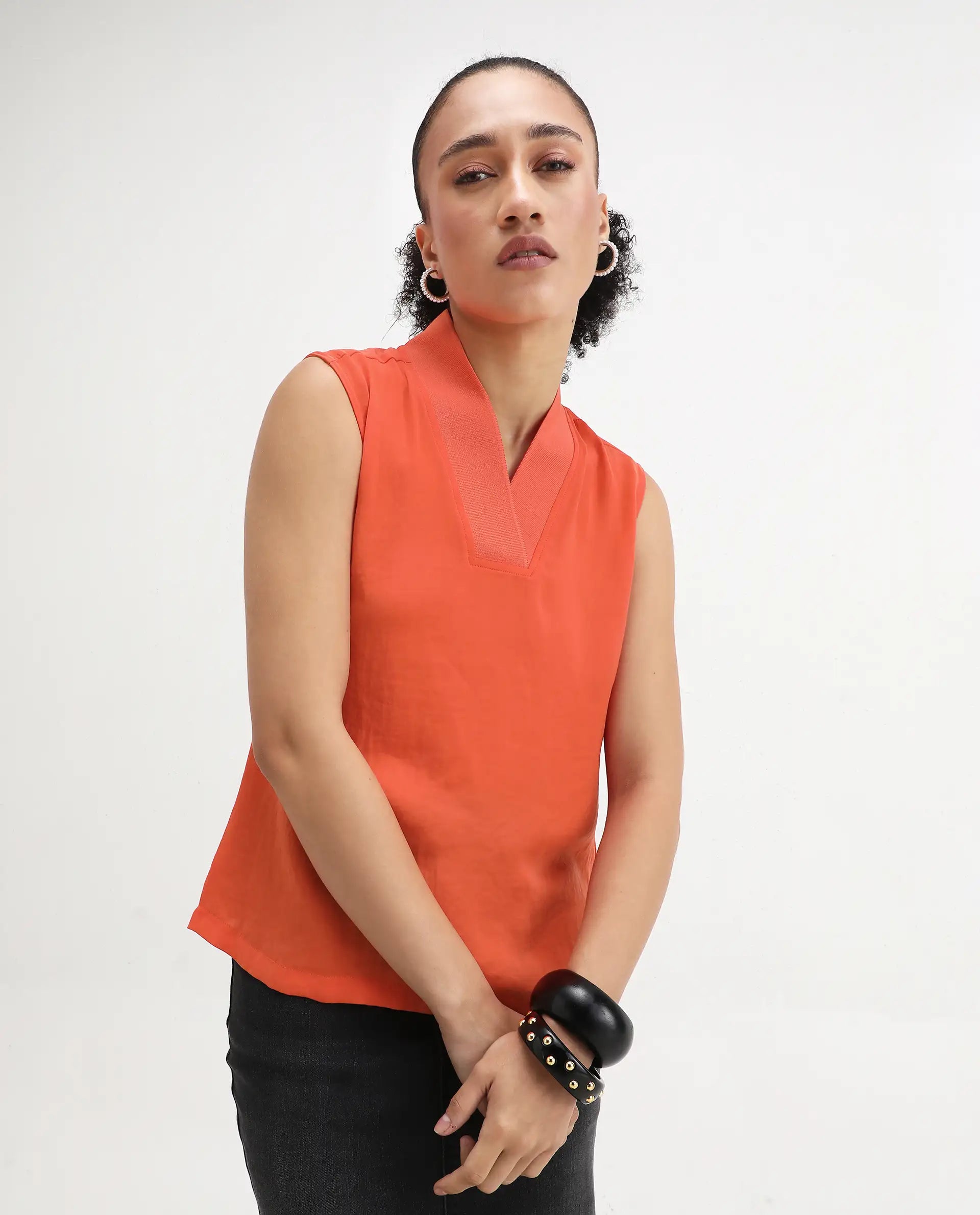 Rareism Women's Siyar Orange Satin V-Neck Plain Sleeveless Regular Fit Top