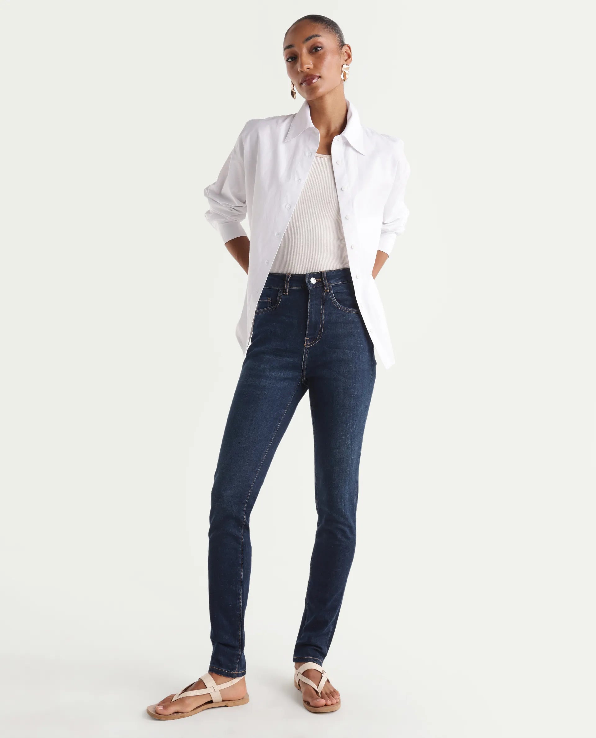 Rareism Women's Skenyo Dark Navy Cotton Blend Skinny Fit Plain Jeans