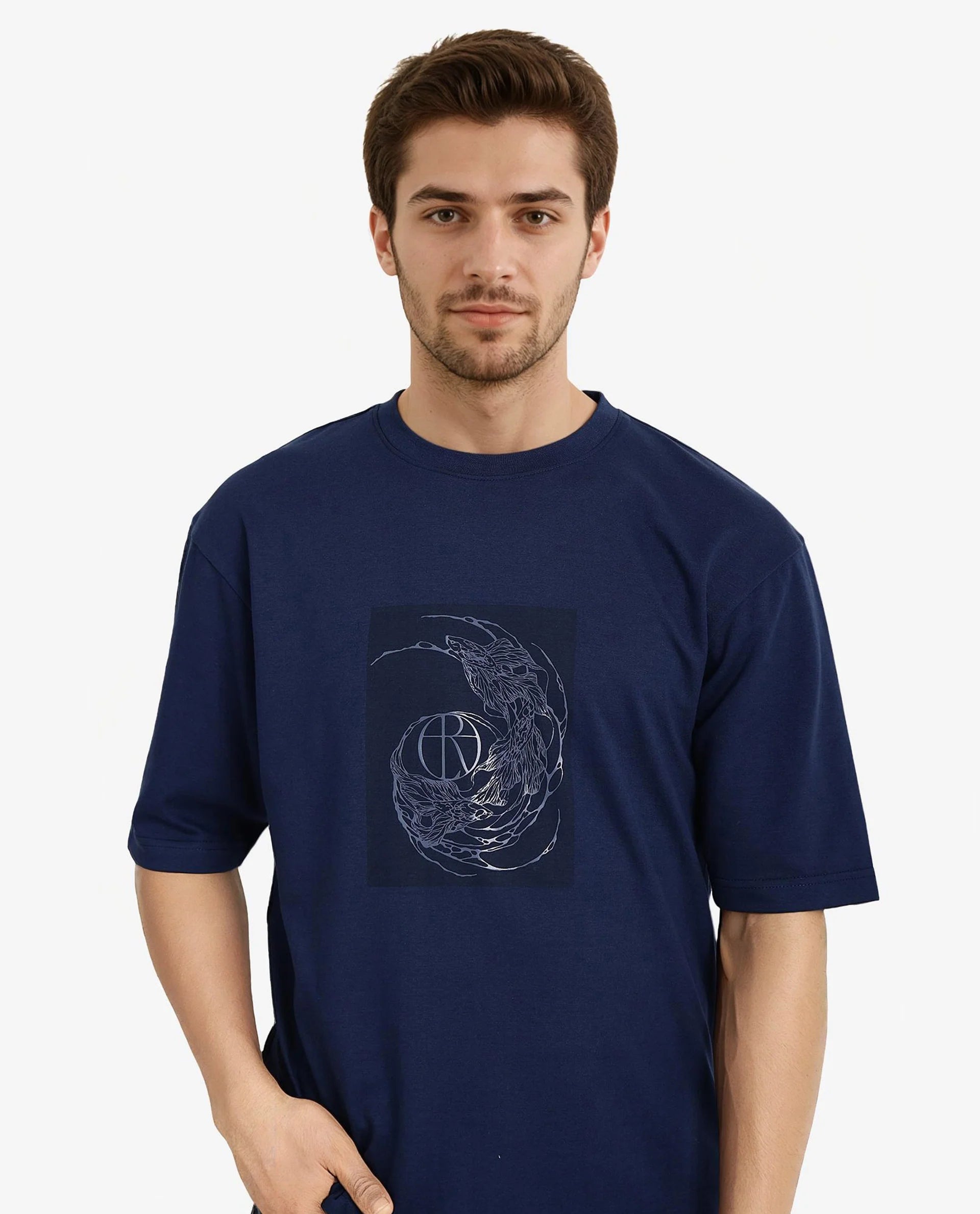 Rare Rabbit Men Skio Dusky Blue Cotton Polyester Fabric Short Sleeve Crew Neck Oversized Fit Graphic Print T-Shirt