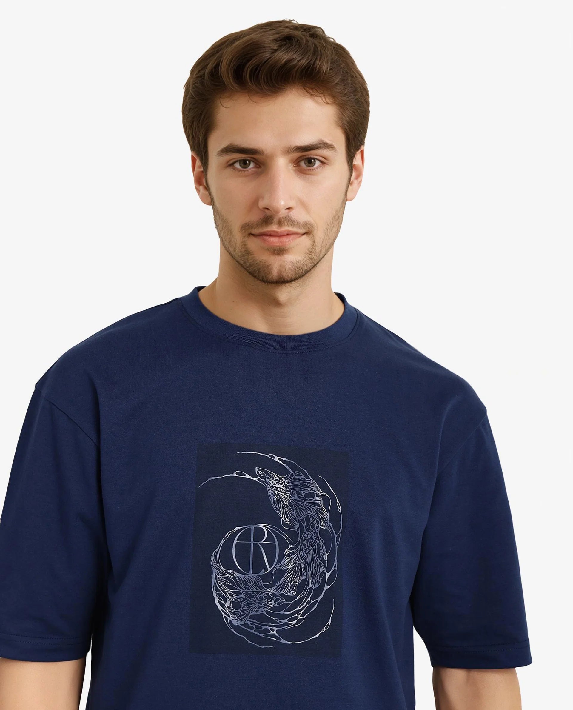 Rare Rabbit Men Skio Dusky Blue Cotton Polyester Fabric Short Sleeve Crew Neck Oversized Fit Graphic Print T-Shirt