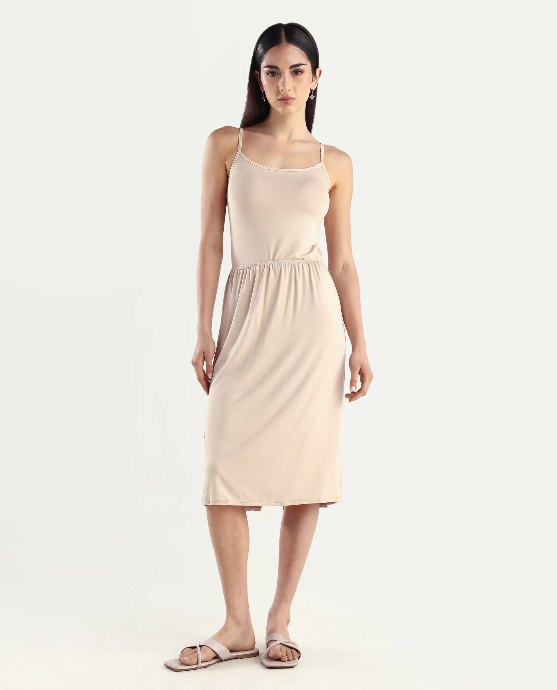 Rareism Women's Slippyaa Beige Shoulder Strap Plain Shoulder Strap Knee Length Straight Fit Inner Wear