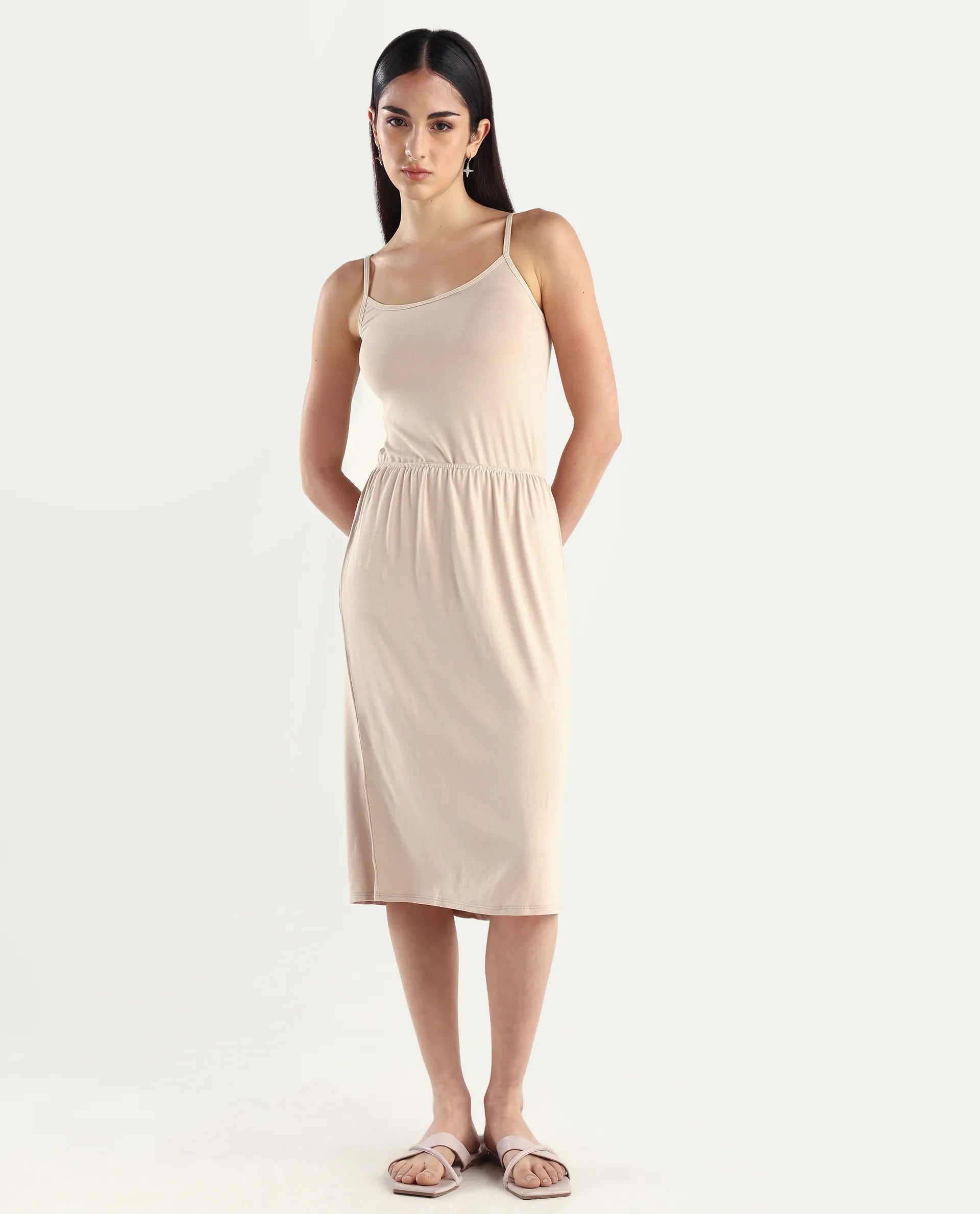 Rareism Women's Slippyaa Beige Shoulder Strap Plain Shoulder Strap Knee Length Straight Fit Inner Wear