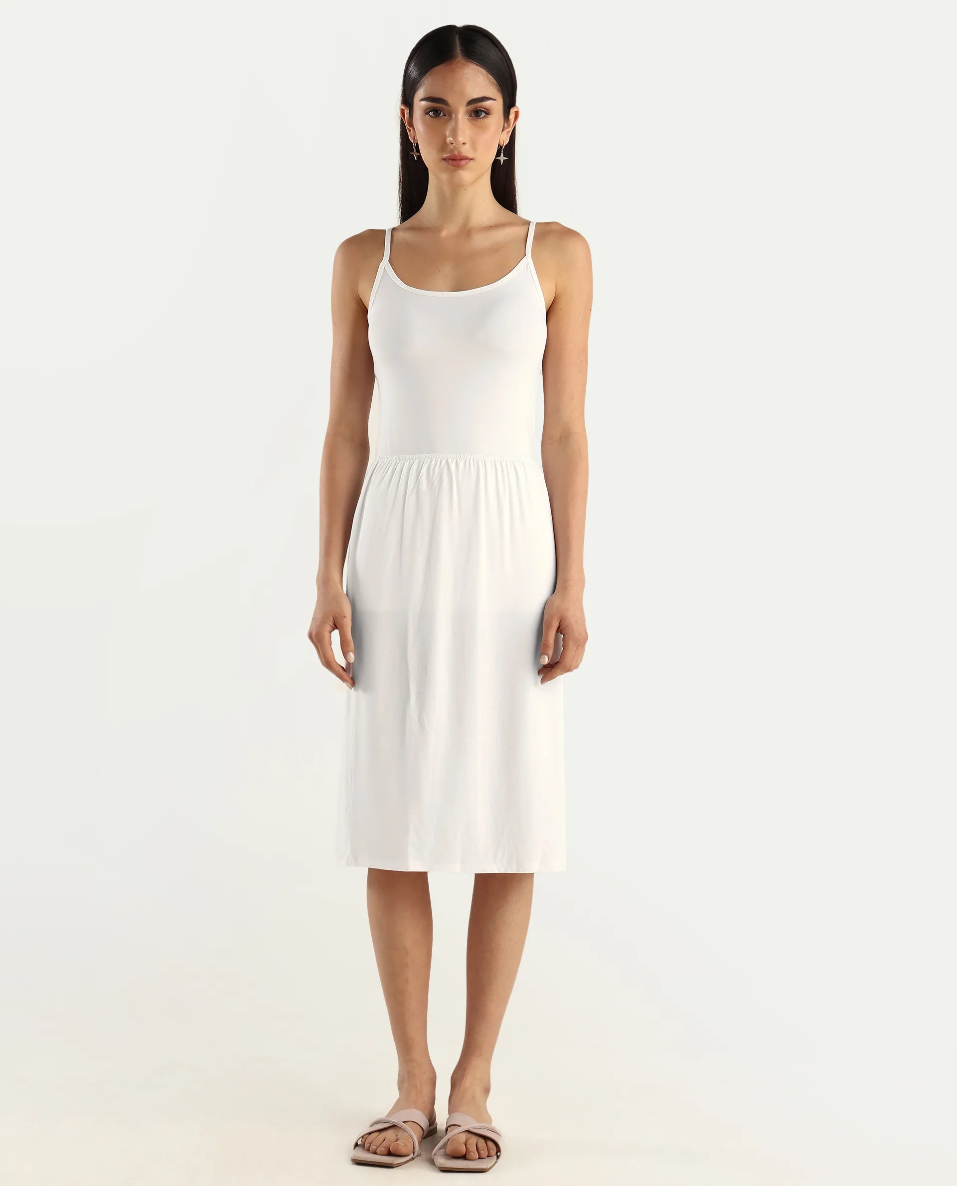 Rareism Women's Slippyaa White Shoulder Strap Plain Shoulder Strap Knee Length Straight Fit Inner Wear