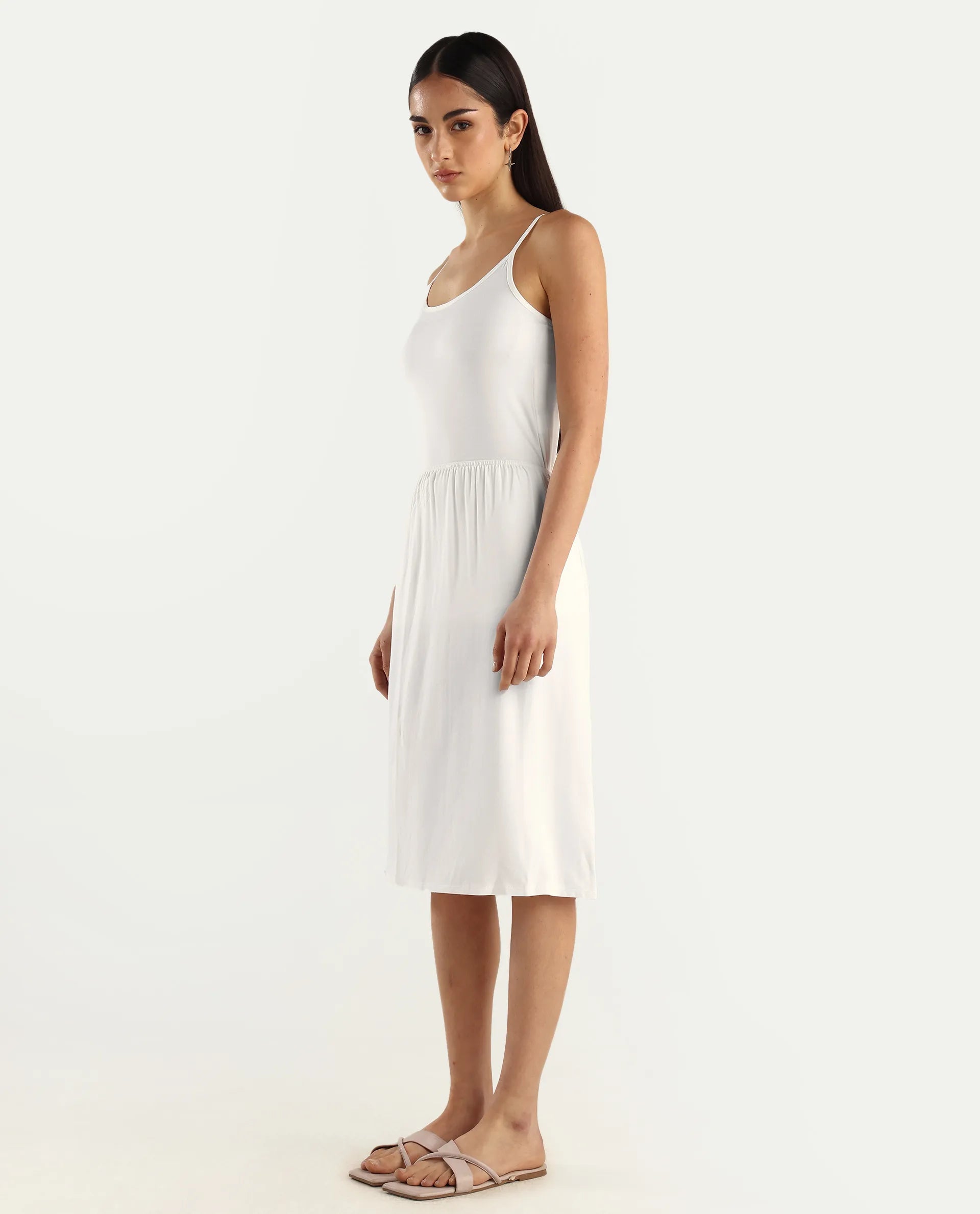 Rareism Women's Slippyaa White Shoulder Strap Plain Shoulder Strap Knee Length Straight Fit Inner Wear