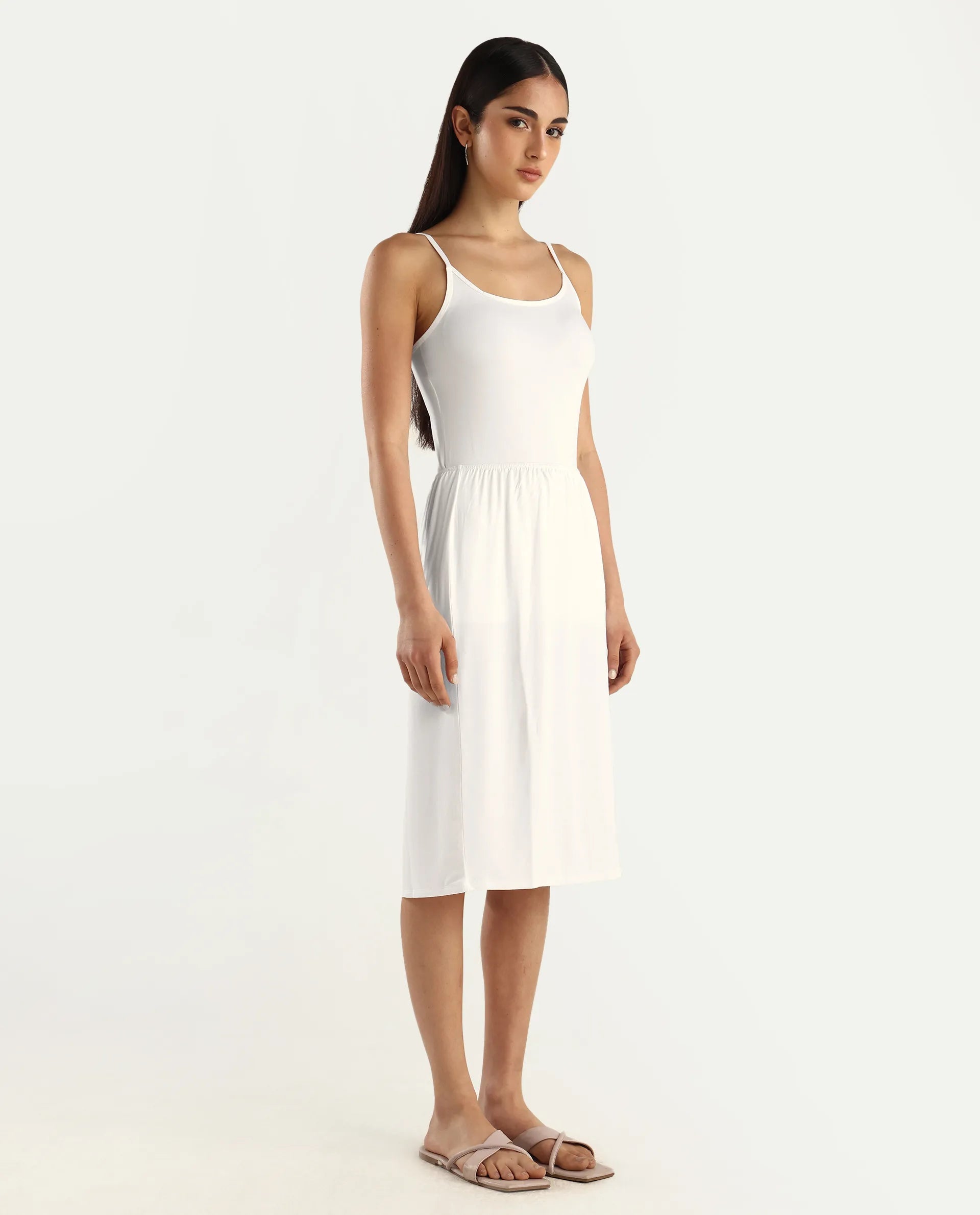 Rareism Women's Slippyaa White Shoulder Strap Plain Shoulder Strap Knee Length Straight Fit Inner Wear