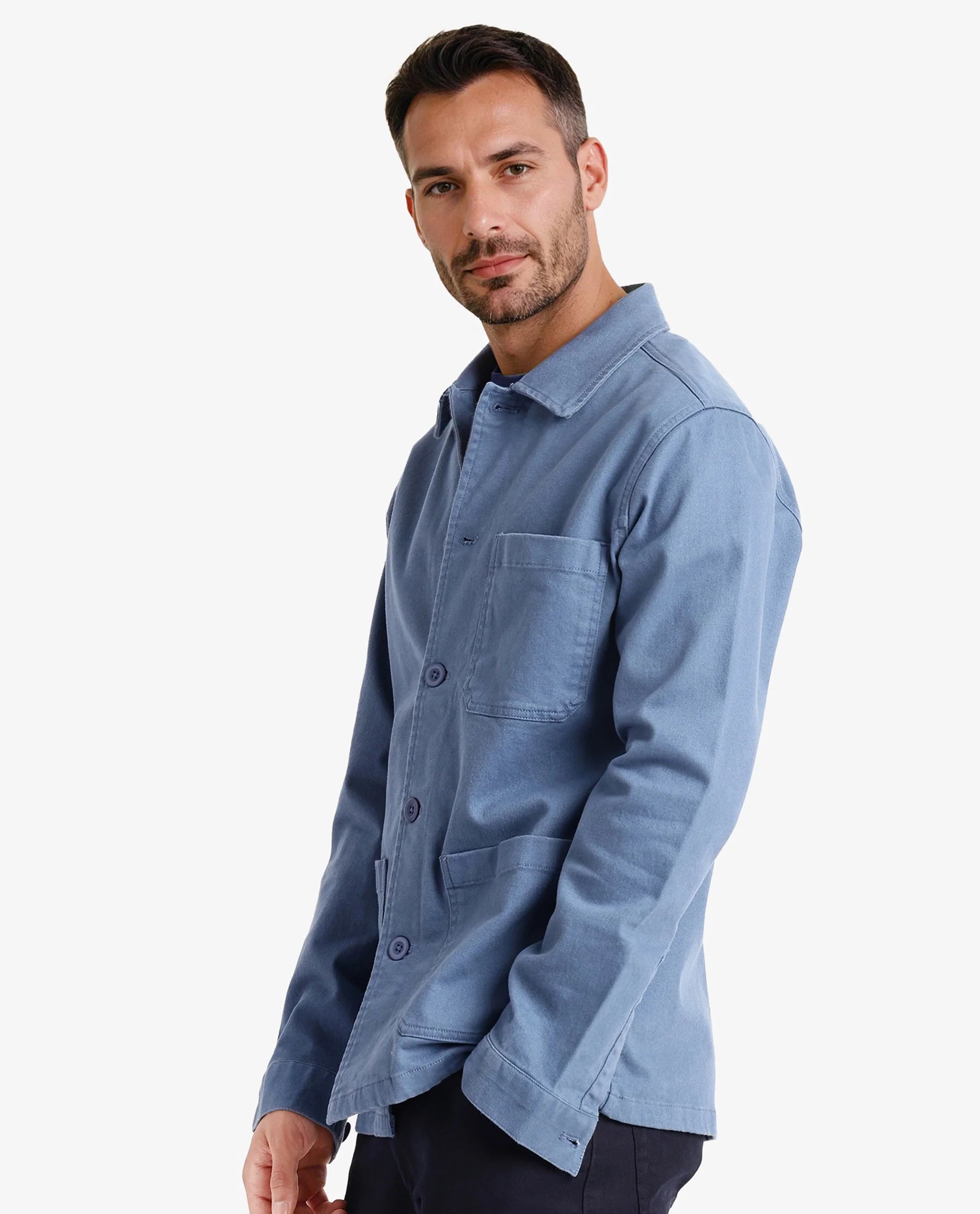 Rare Rabbit Men Slowear Blue Cotton Fabric Full Sleeve Spread Collar Button Closure Plain Shacket