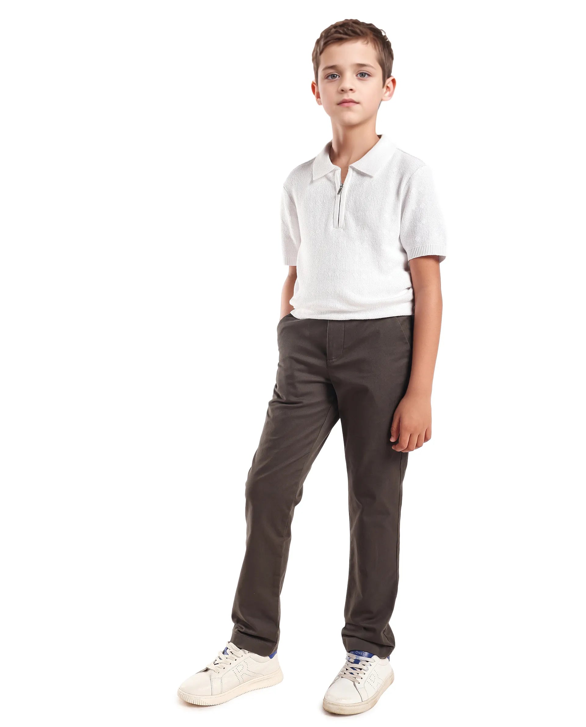 Rare Ones Kids Smart-K Dusky Green Cotton Blend Solid Button And Zipper Closure Regular Fit Trouser