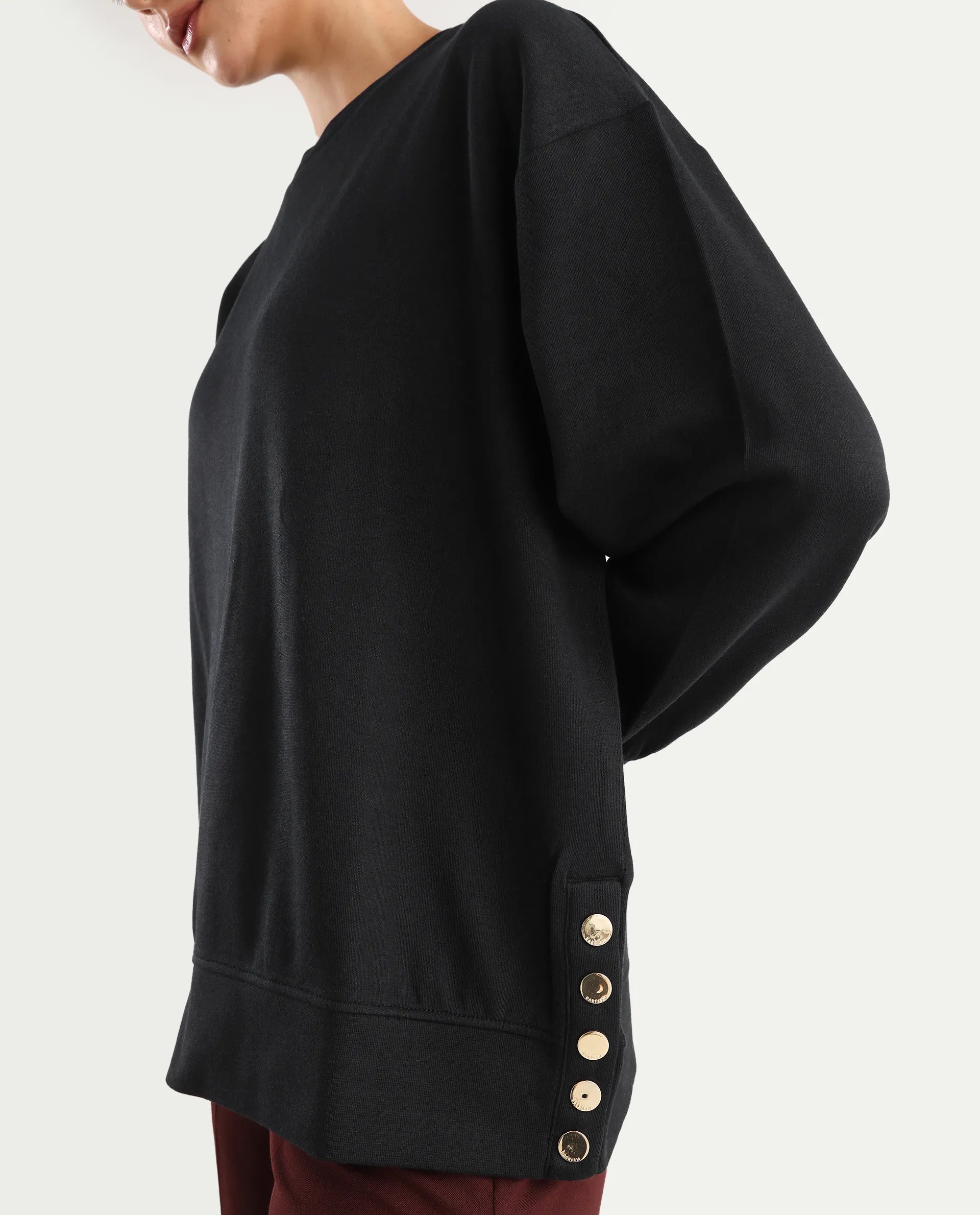 Rareism Women's Snappy Black Cotton Blend Crew Neck Plain Relaxed Fit Sweatshirt