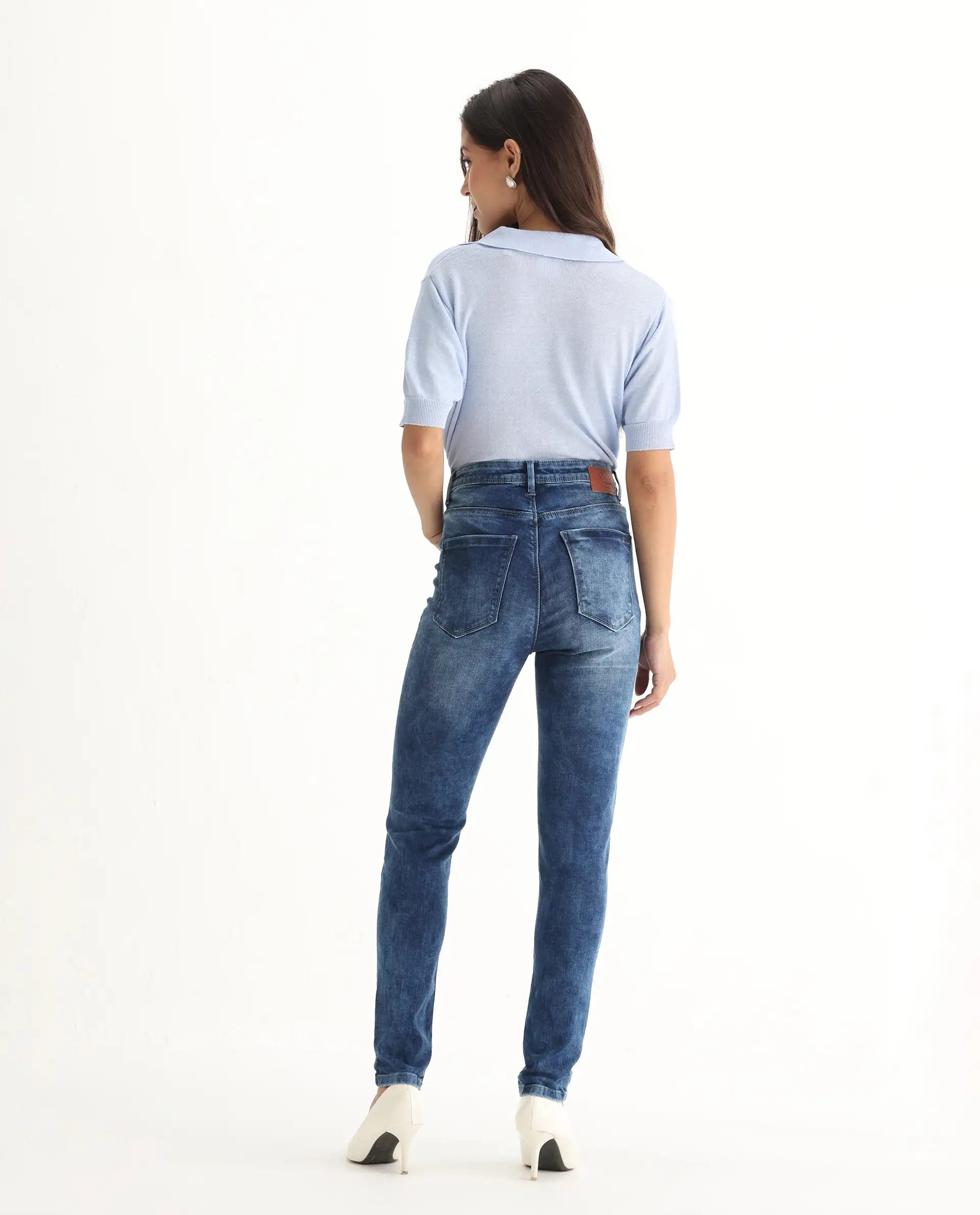 Rareism Women's Snowtail Blue Cotton Blend Plain Ankle Length Slim Fit Jeans