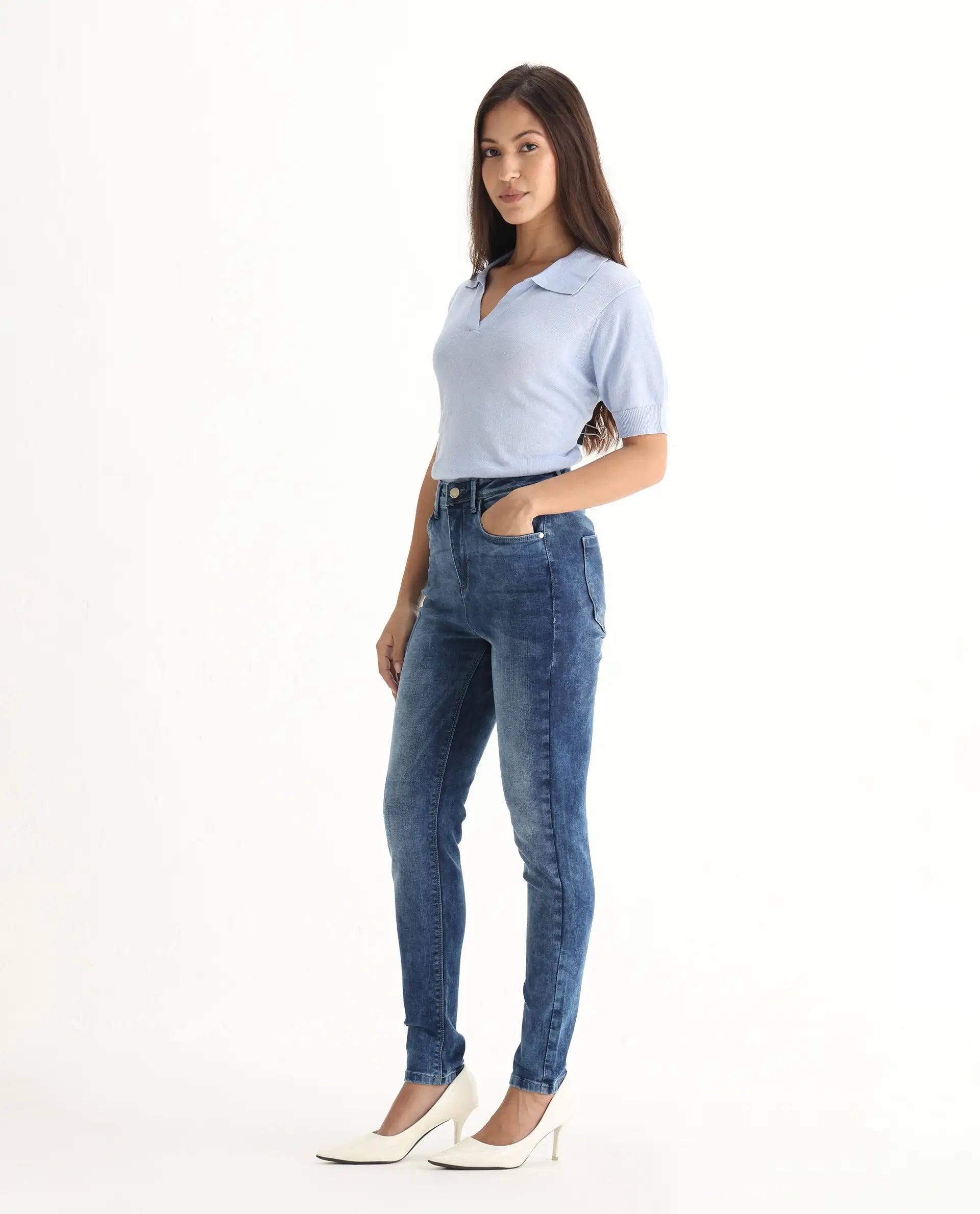 Rareism Women's Snowtail Blue Cotton Blend Plain Ankle Length Slim Fit Jeans