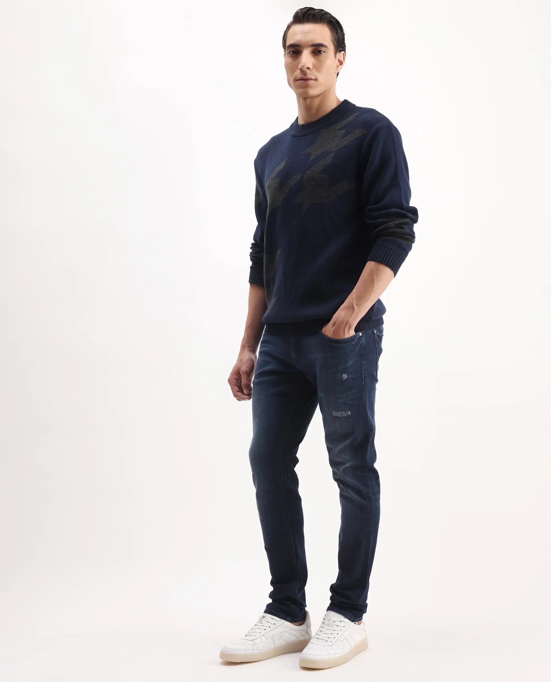 Rare Rabbit Men's Snugh Navy Cotton Blend Plain Hawk Slim Fit Jeans