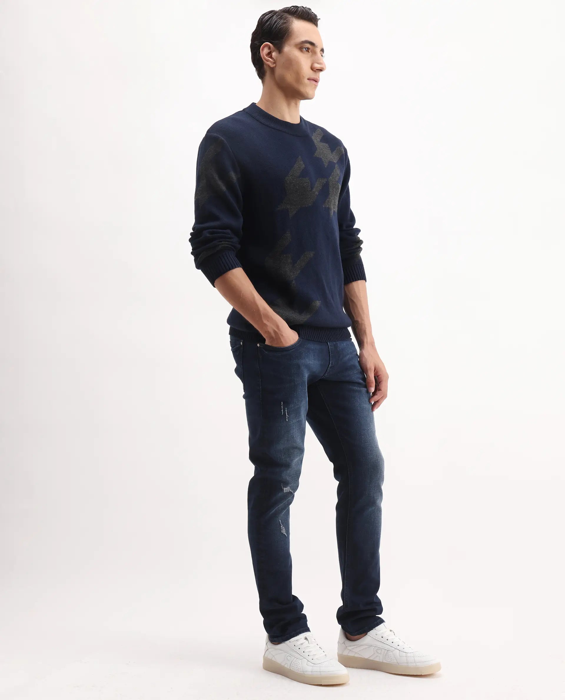 Rare Rabbit Men's Snugh Navy Cotton Blend Plain Hawk Slim Fit Jeans