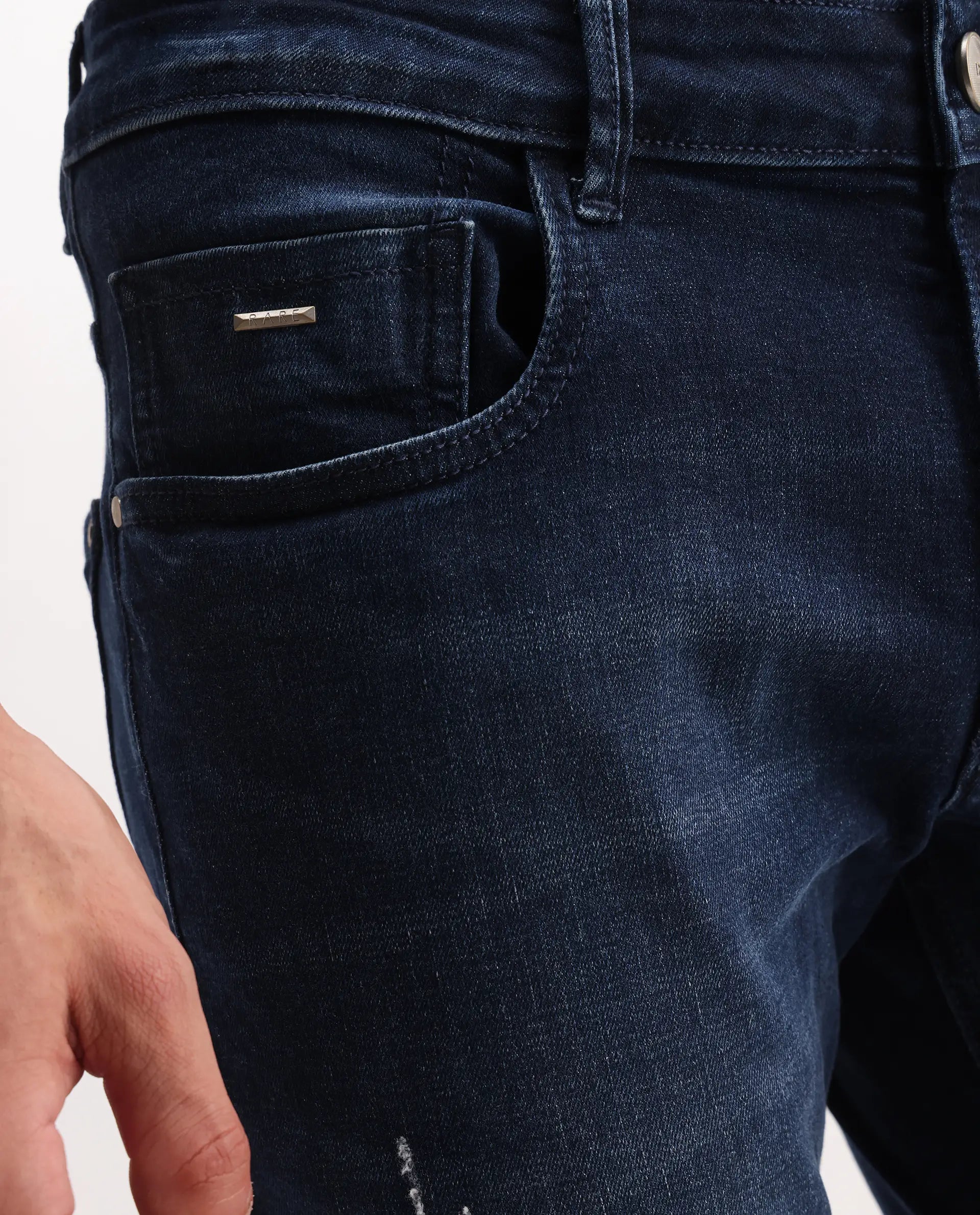 Rare Rabbit Men's Snugh Navy Cotton Blend Plain Hawk Slim Fit Jeans
