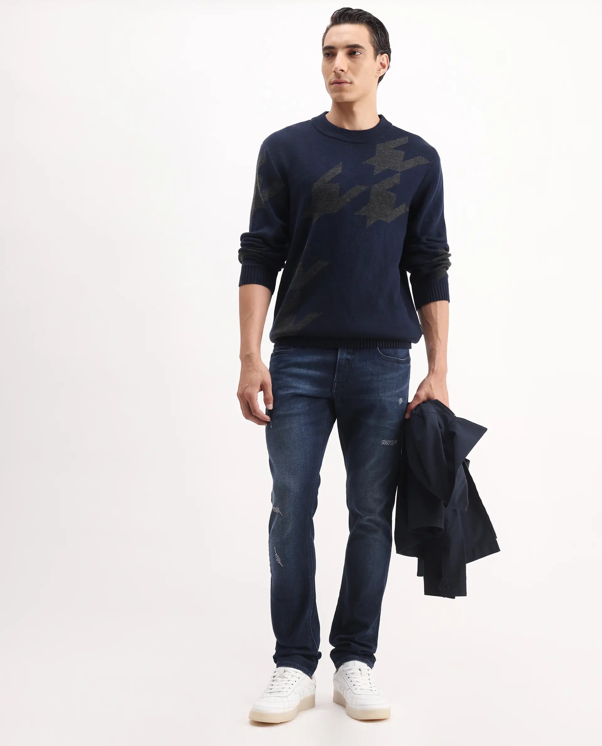 Rare Rabbit Men's Snugh Navy Cotton Blend Plain Hawk Slim Fit Jeans