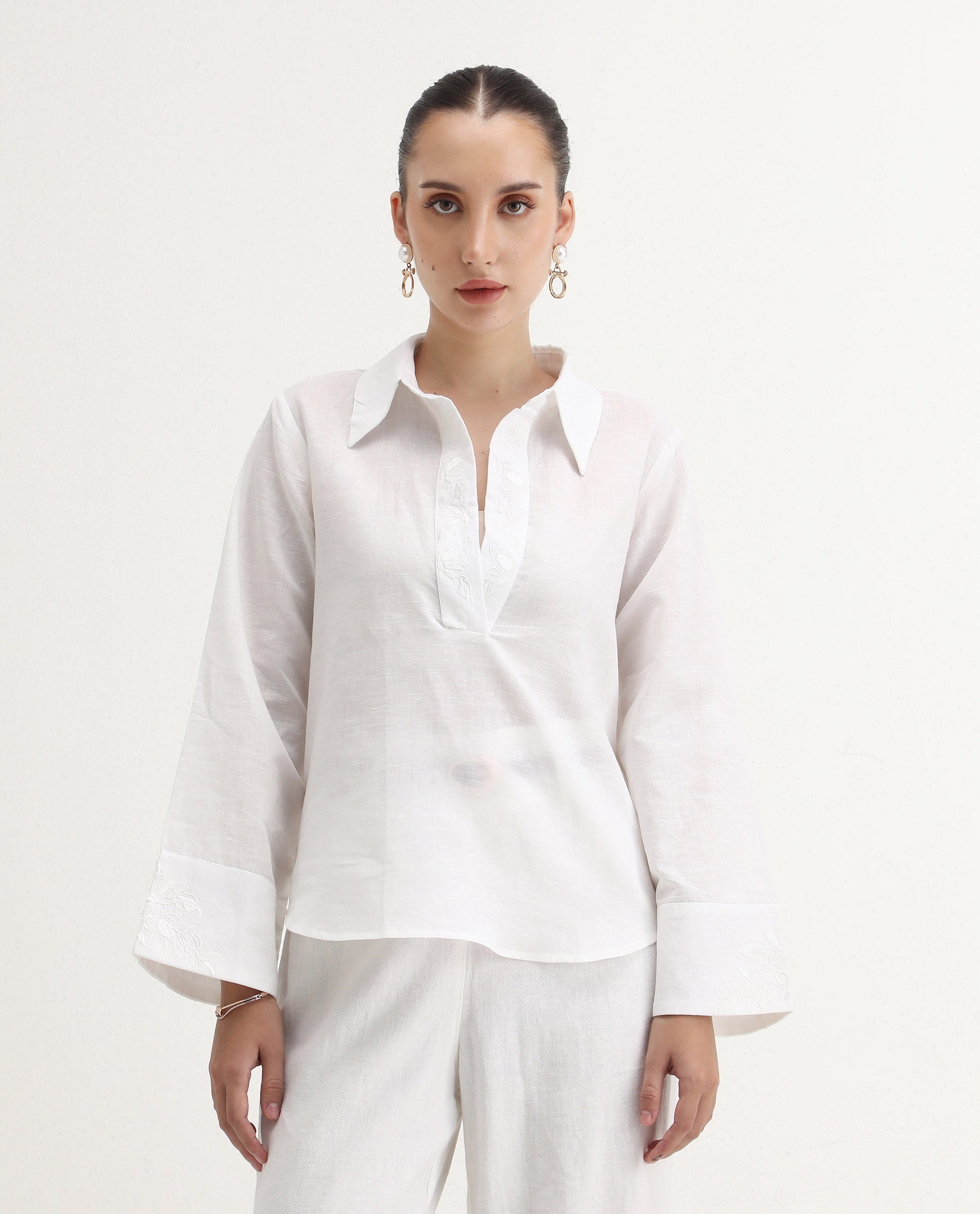 Rareism Women's Sofian White Cotton Blend Spread Collar Plain Bell Sleeve Relaxed Fit Top